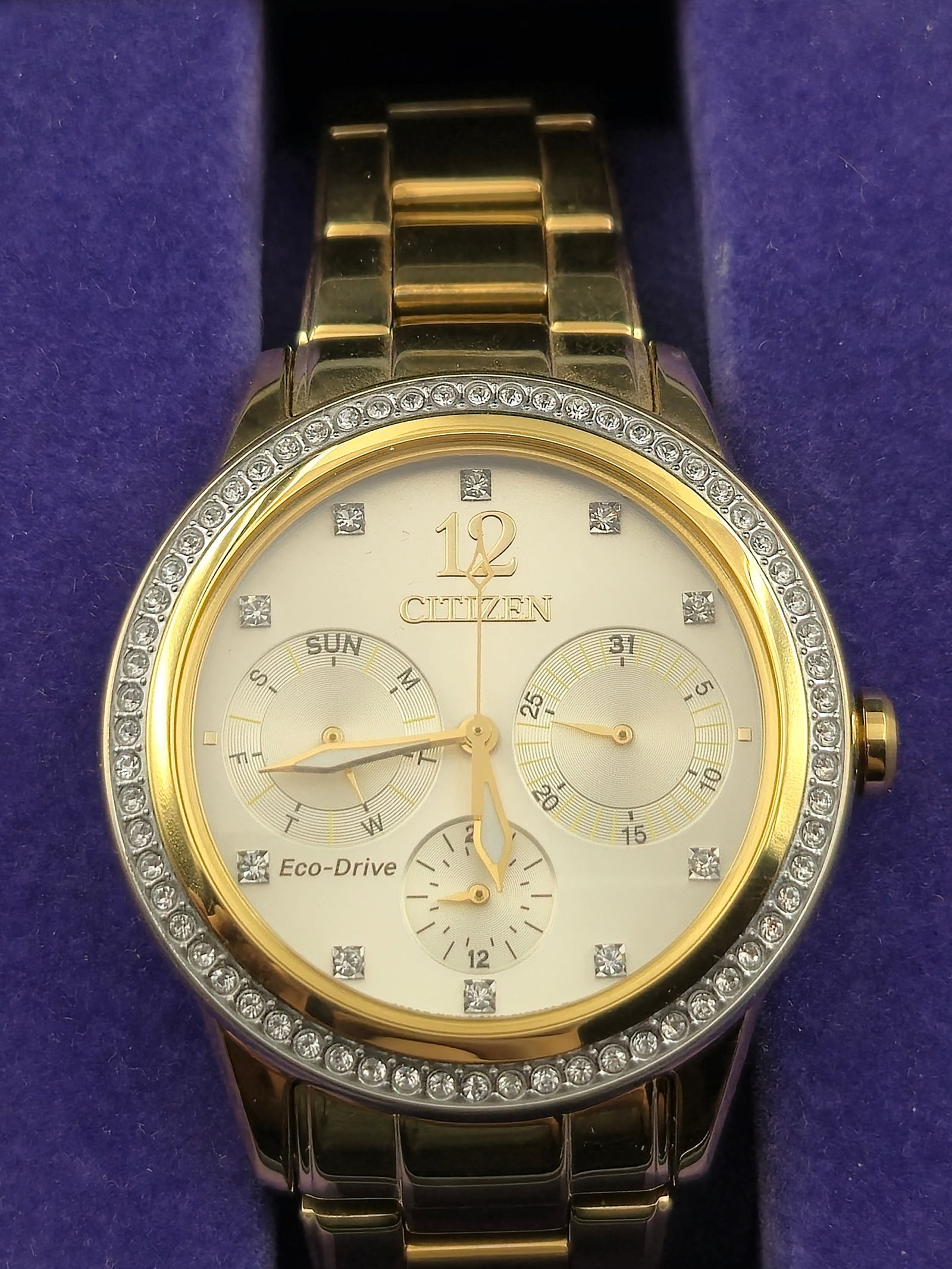 Citizen Eco Drive Ladies Diamond Accent Multi Function Watch 36mm Gold Tone NOS Box (1 of 9)