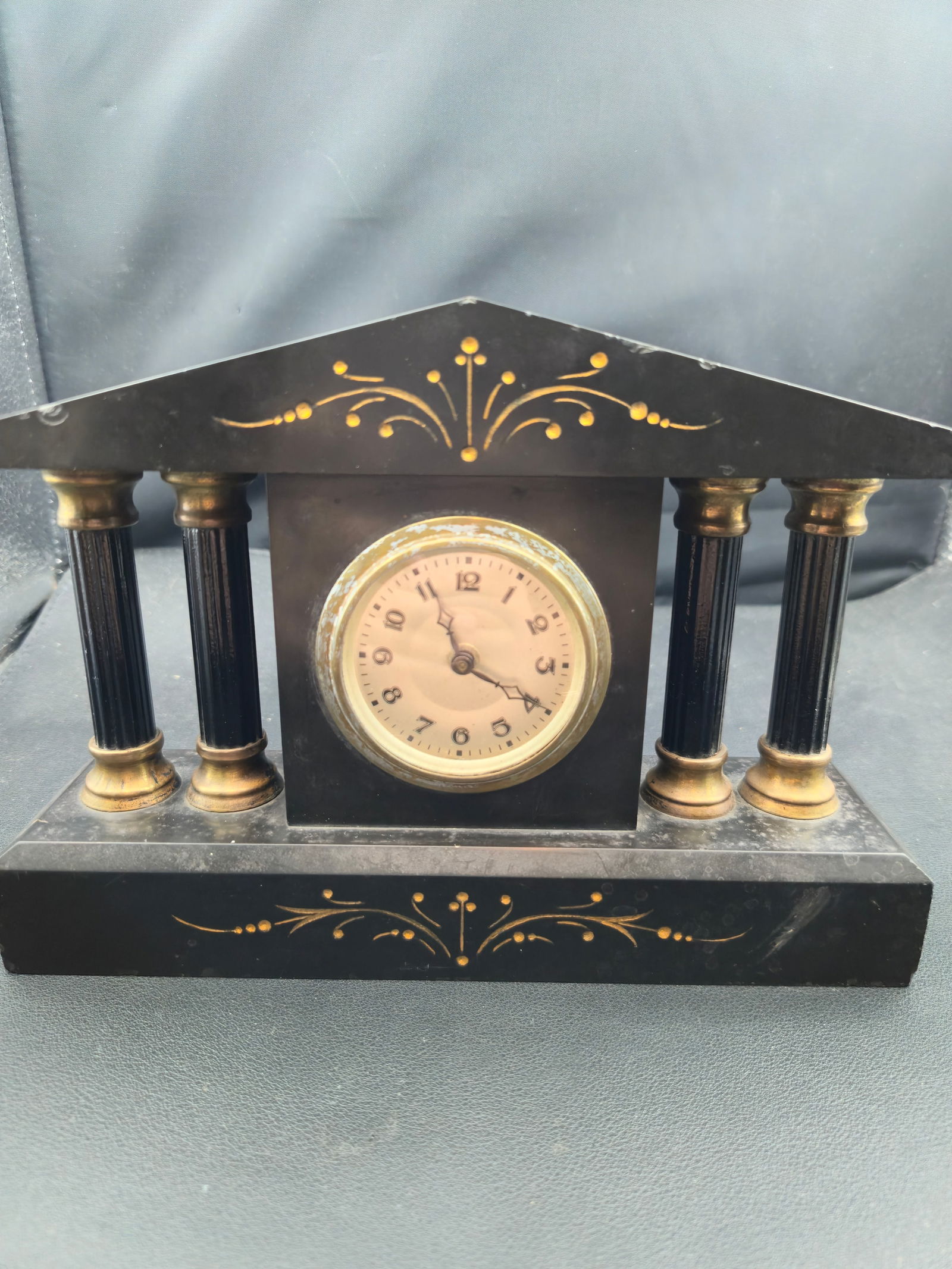 Antique Marble Mantel Clock Neoclassical Column Style Black Marble Untested (1 of 7)