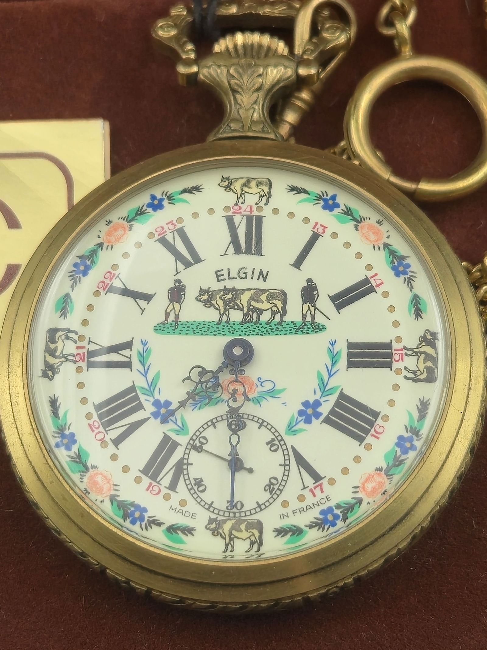 Vintage Elgin 17 Jewel Swiss Pocket Watch Farmer Cow Dial Hunting Scene Case NOS Box Running (1 of 10)