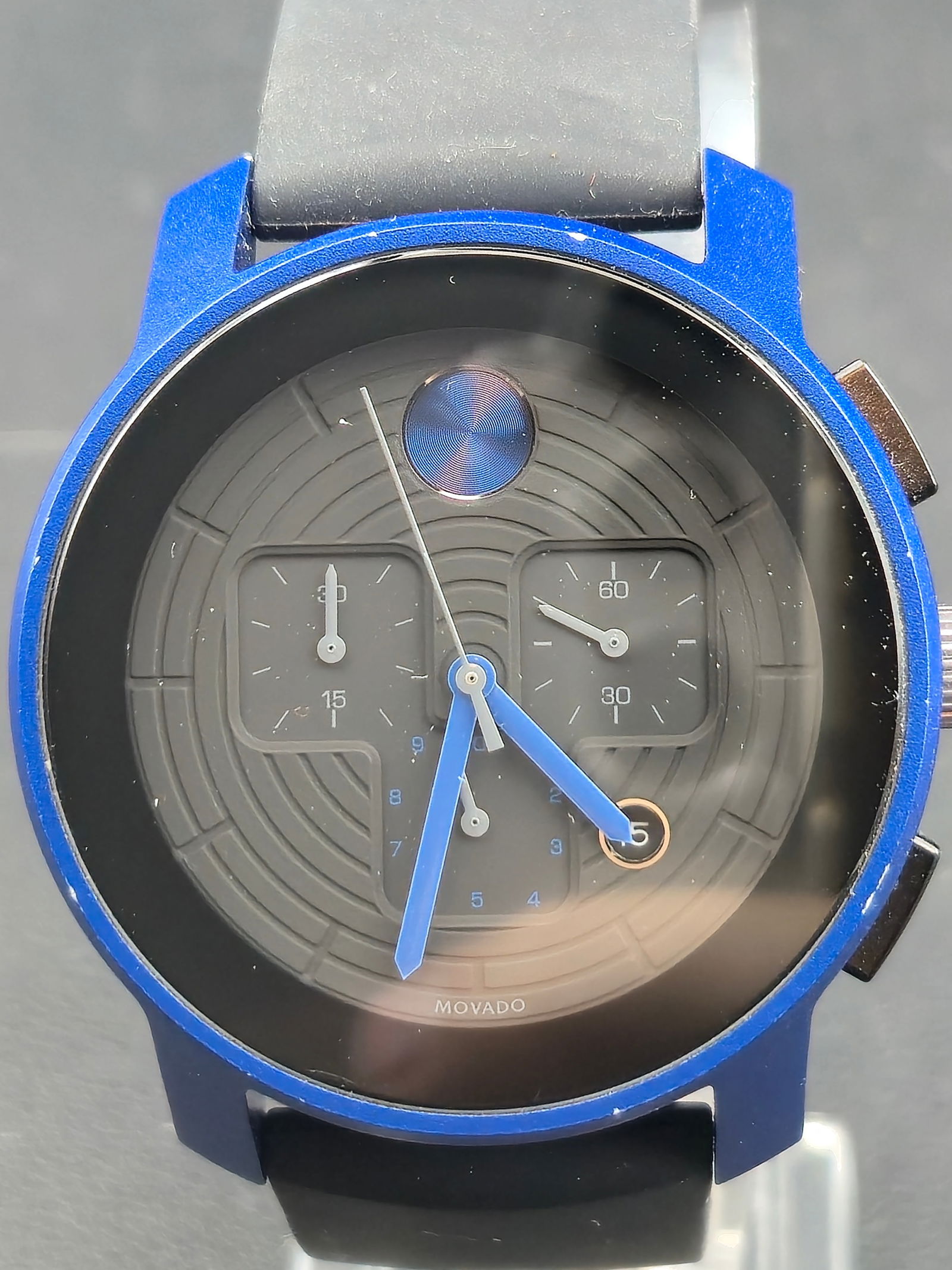 Movado Bold Chronograph Blue Case 43mm Quartz Watch Black Dial Rubber Strap (1 of 8)