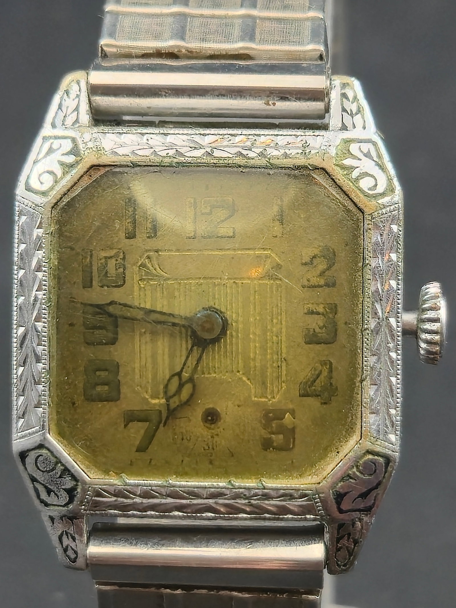 1930s Swiss Art Deco Wristwatch 15J C & E Marshall Co Model 2 Rectangular 26mm Running: Vintage Swiss Art Deco wristwatch featuring an ornate rectangular case, Arabic numeral dial, blued hands, and a small seconds register at 6. The dial brand is not clearly legible in the provided photo