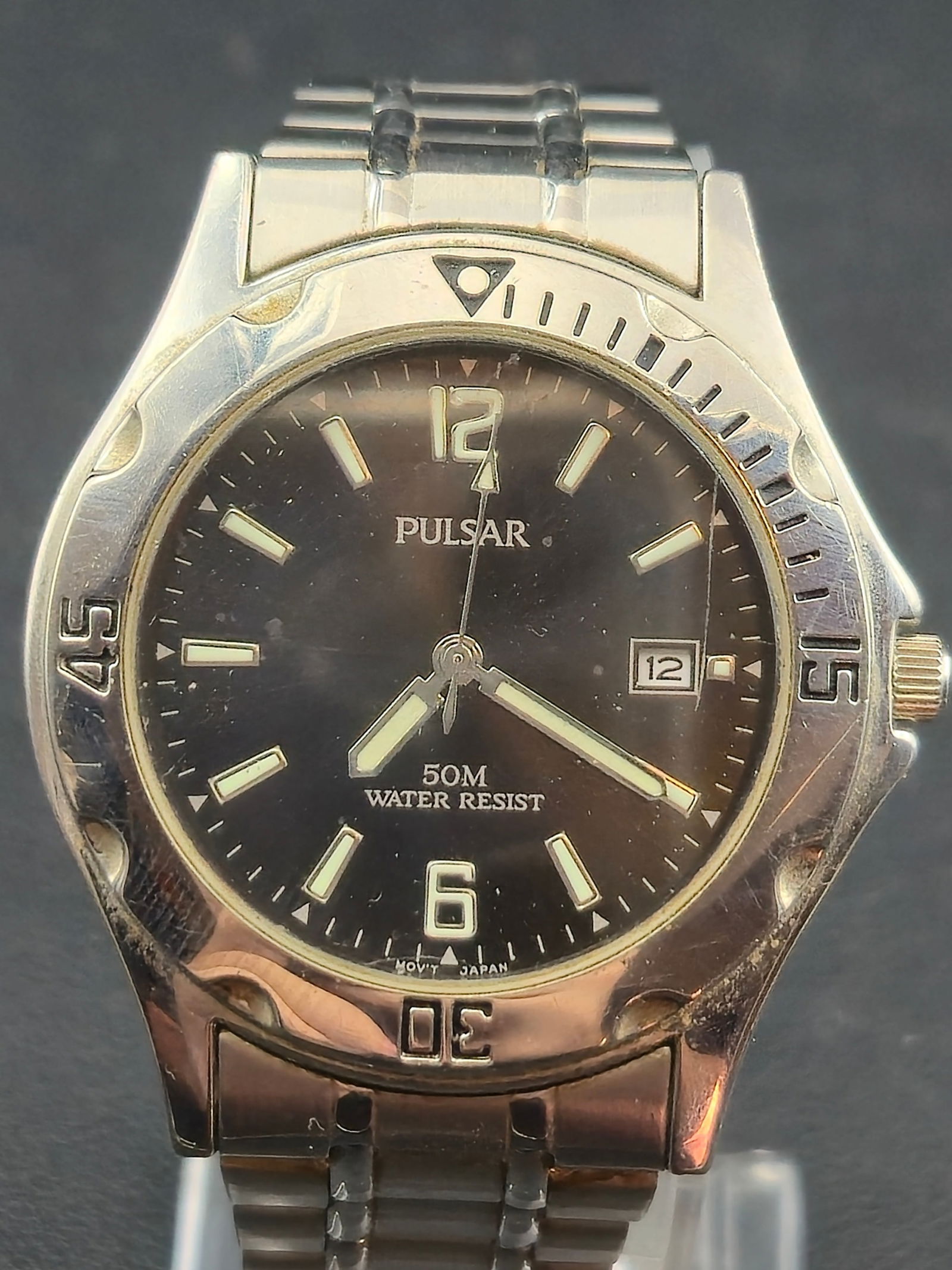2000s Pulsar 50M Water Resist Black Dial Quartz Diver Style Watch 38mm New Battery Running (1 of 9)