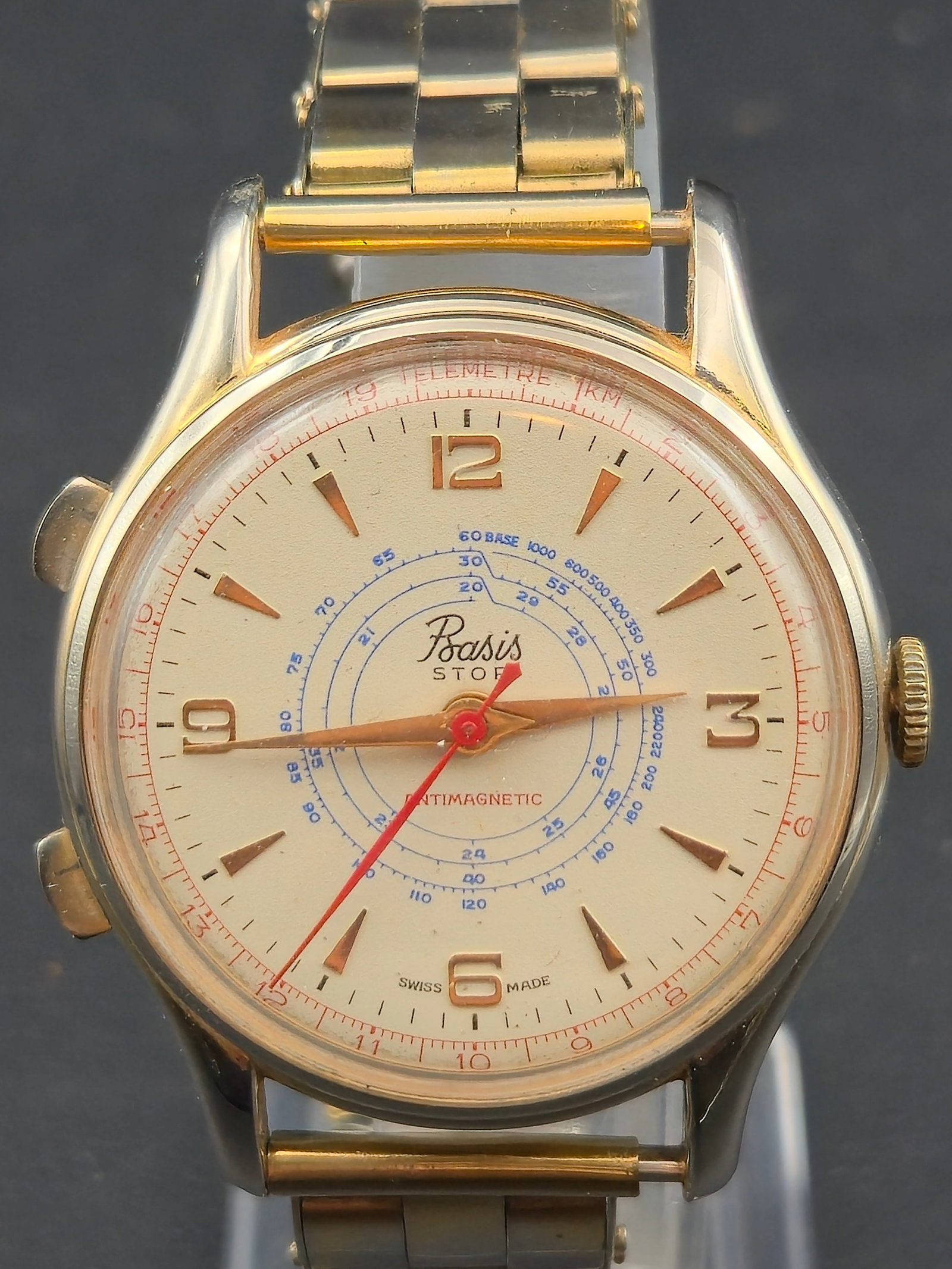 1950s Basis Stop Multi Scale Dial Swiss Chronograph Style Watch 37mm: Vintage Basis Stop Swiss wristwatch from the 1950s, featuring a multi-scale chronograph-style dial with telemeter and tachymeter style markings. The dial is signed Basis Stop and Antimagnetic, with Sw