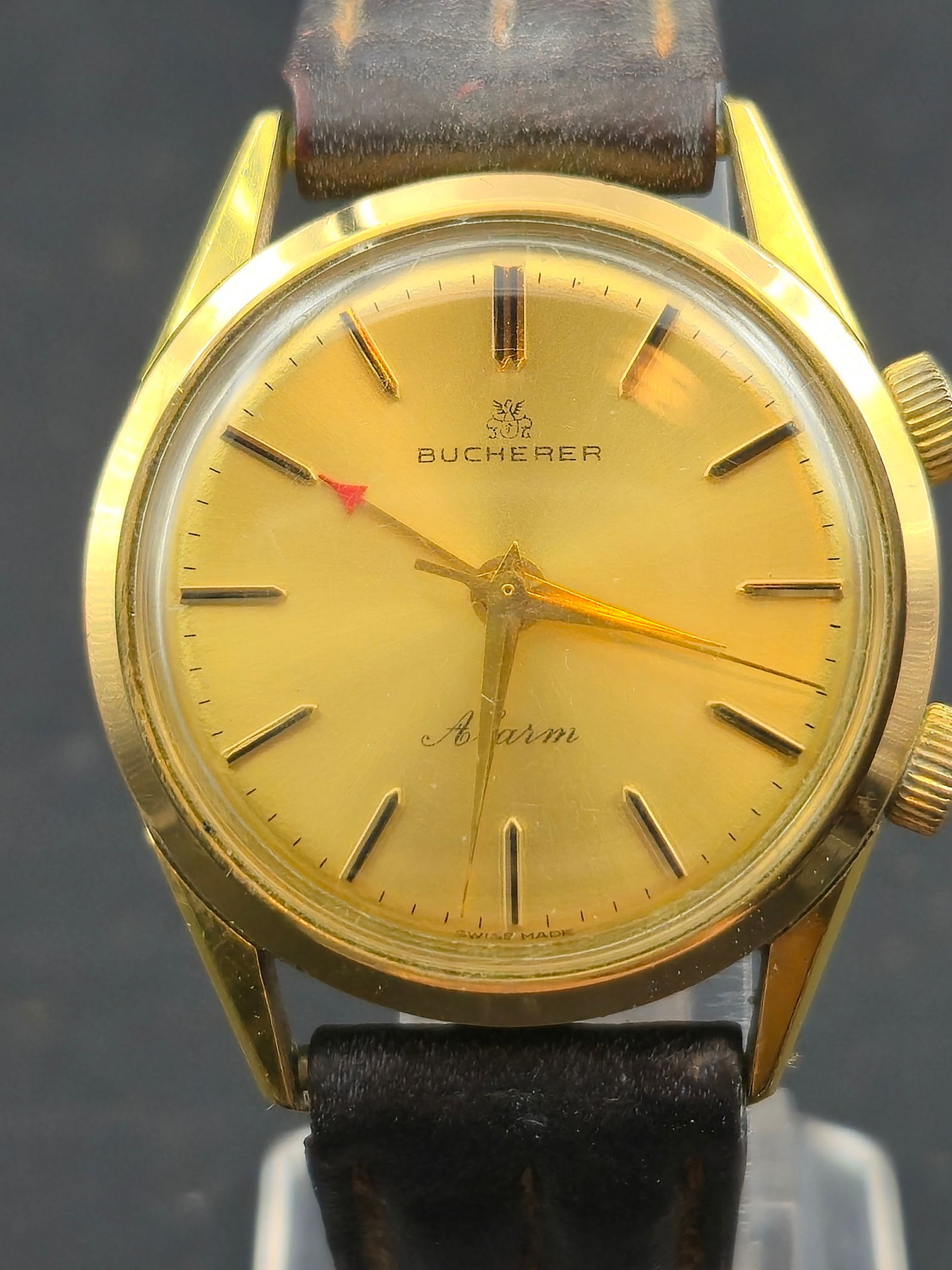 1960s Bucherer Alarm Swiss 17J Mechanical Dual Crown Watch 33mm Running (1 of 10)