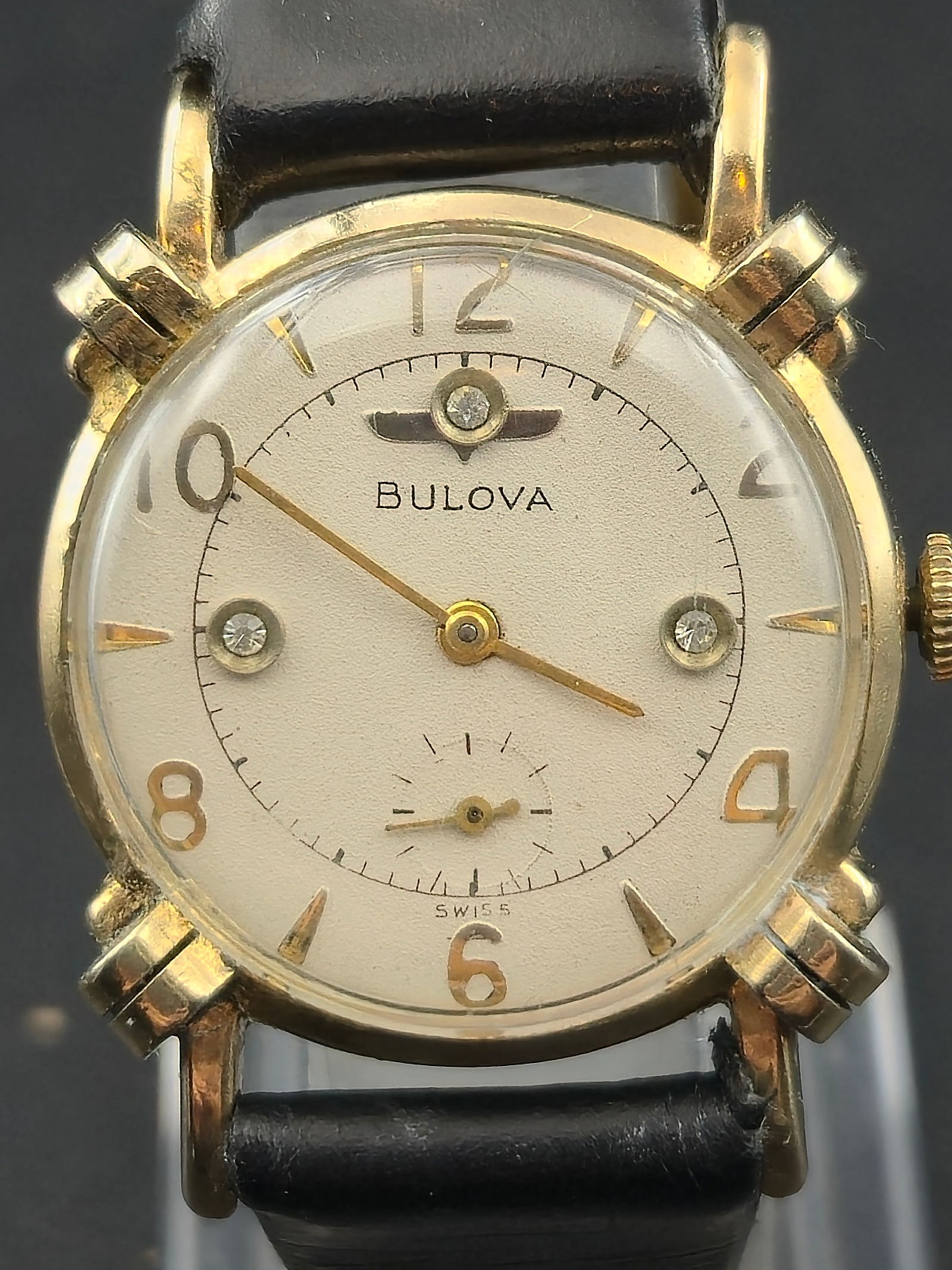 1940s Bulova 17J 8AE Diamond Dial Fancy Stepped Lug 10K GF Watch 29mm Running (1 of 9)