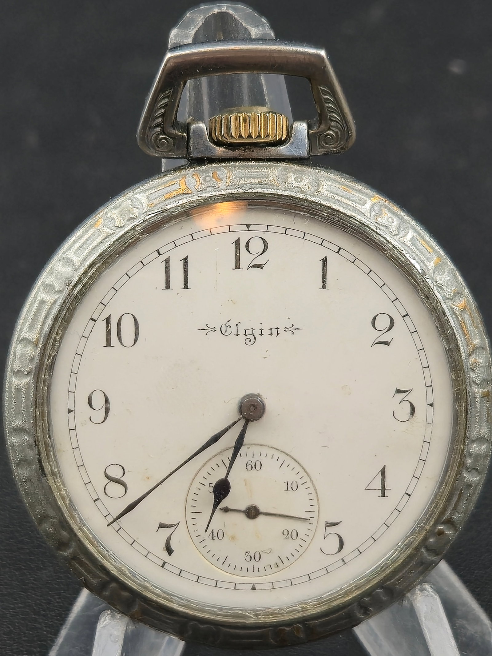 1898 Elgin Grade 160 Pocket Watch 16s 17J Adjusted Moseley Regulator Tornado IWCC Case Runs: Antique American pocket watch produced by the Elgin National Watch Company in 1898. This watch houses a 16-size Grade 160 movement with 17 jewels and a nickel 3/4 plate layout. The movement is marked