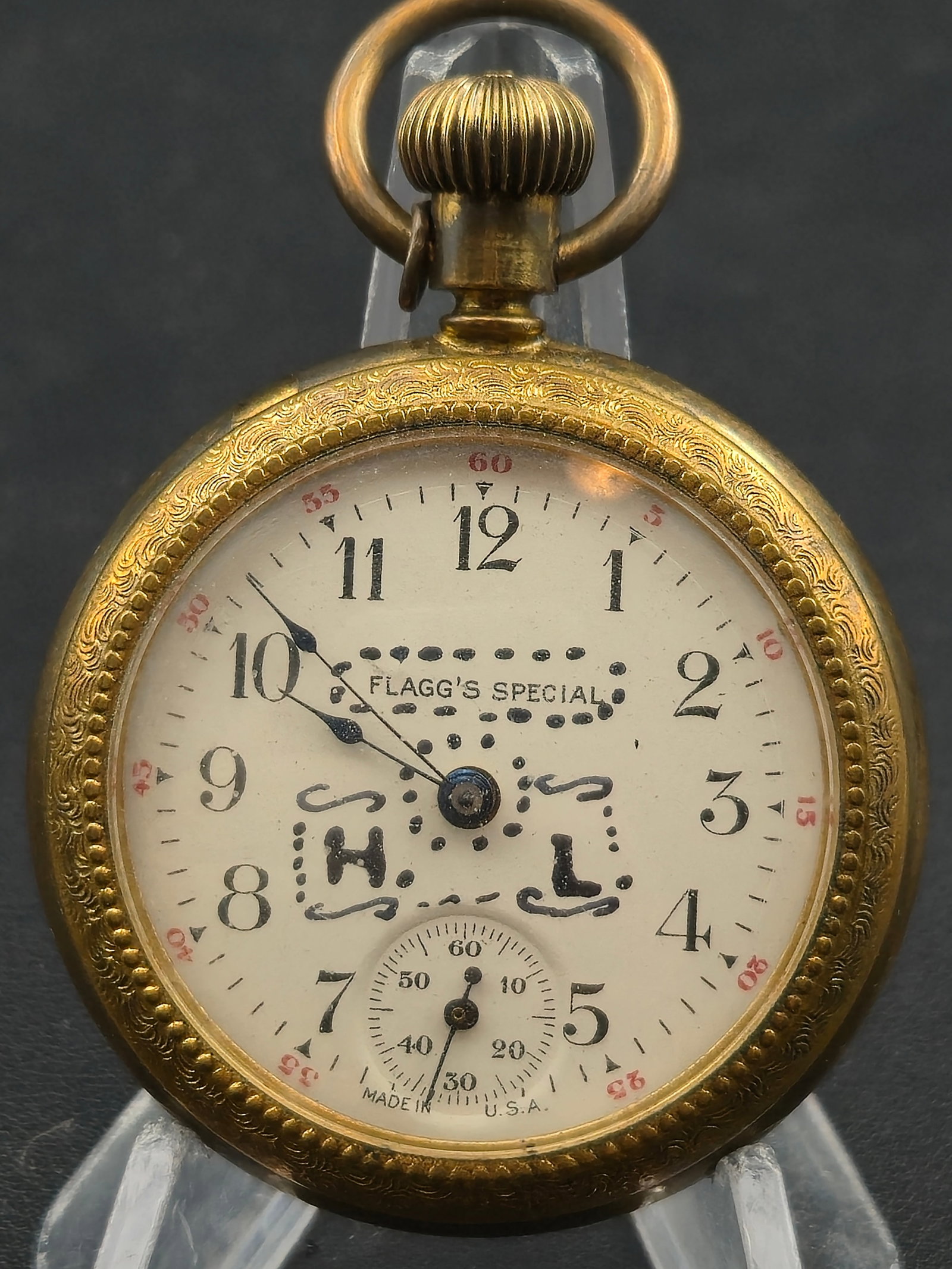 Circa 1907 Flagg’s Special Pocket Watch Gold Filled Case Flagg Watch Mfg Co Boston Running: Vintage American pocket watch branded “Flagg’s Special,” produced by the Flagg Watch Manufacturing Company of Boston, Massachusetts. The dial is marked “Flagg’s Special” with bold