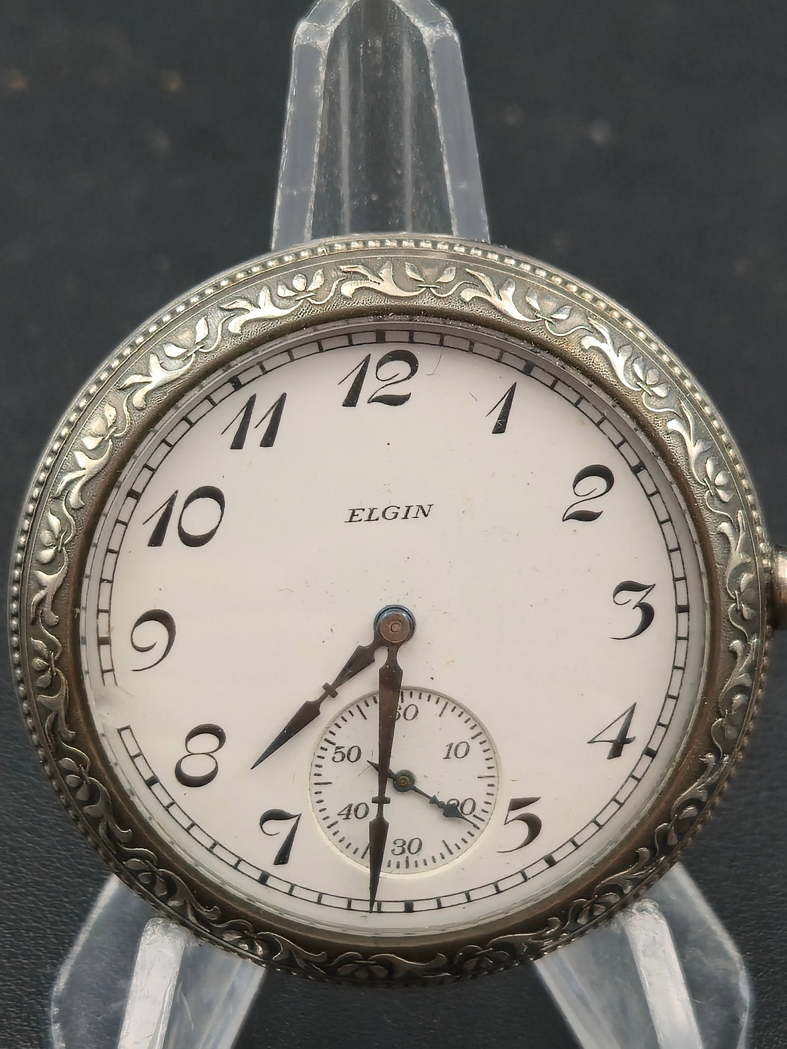Elgin Grade 386 18s 17J 1908 Silveroid Hunting Sidewinder Floral Case Pocket Watch Running: Antique Elgin Natl. Watch Co. pocket watch, Grade 386, Model 4, produced circa 1908 with movement serial 13176308 confirmed by provided database images. Nickel full plate movement with 17 jewels, scre