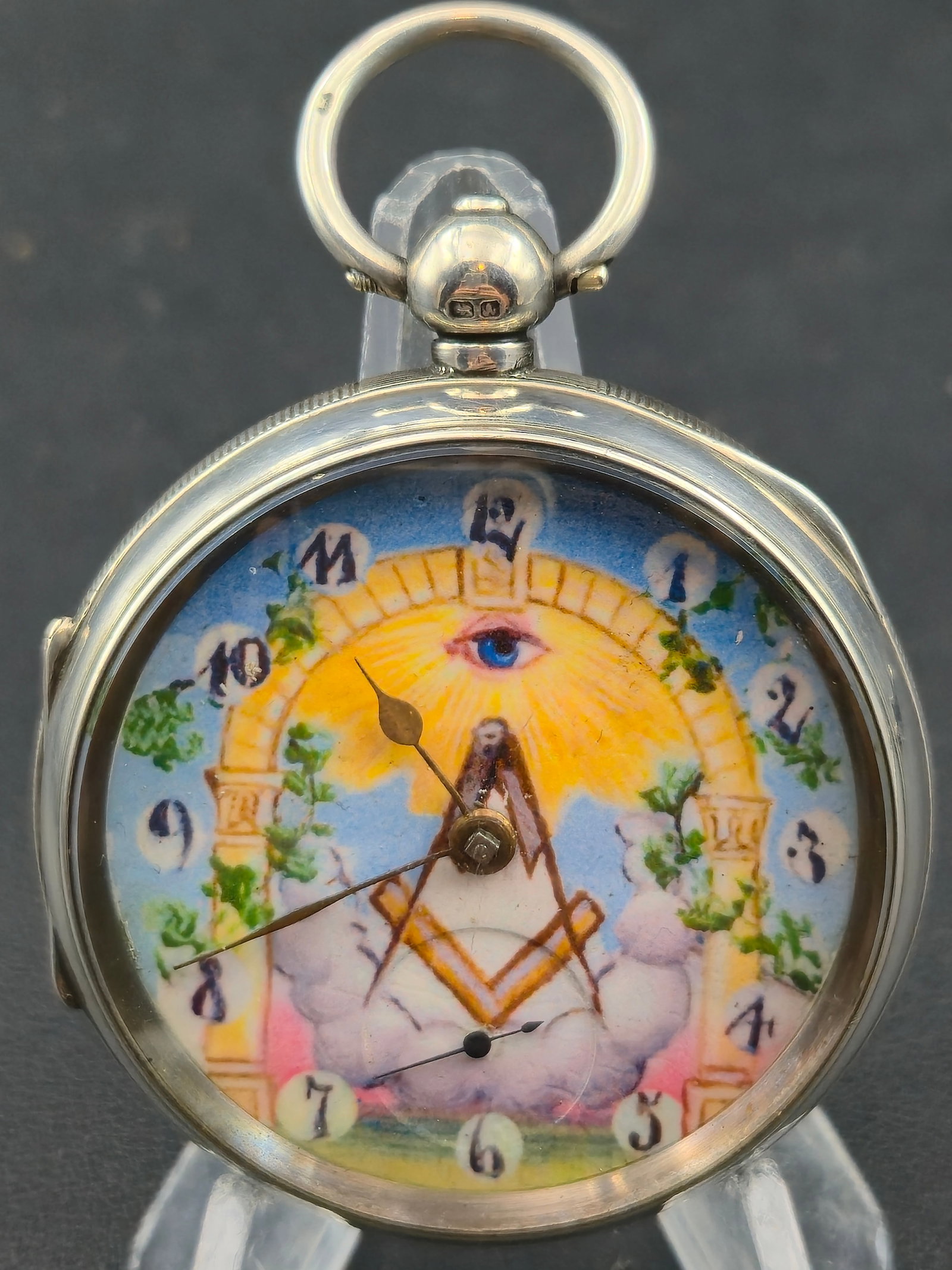 c1890 Swiss Masonic Pocket Watch .800 Silver Case 55mm Keywind Enamel Dial Running (1 of 11)
