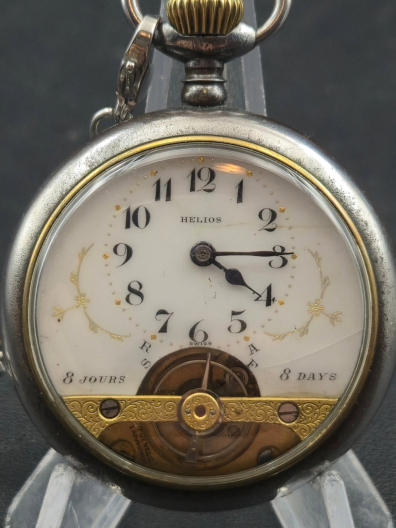Helios 8 Days Swiss Pocket Watch c1920s 50mm Runs Visible Balance Display Open Dial (1 of 9)