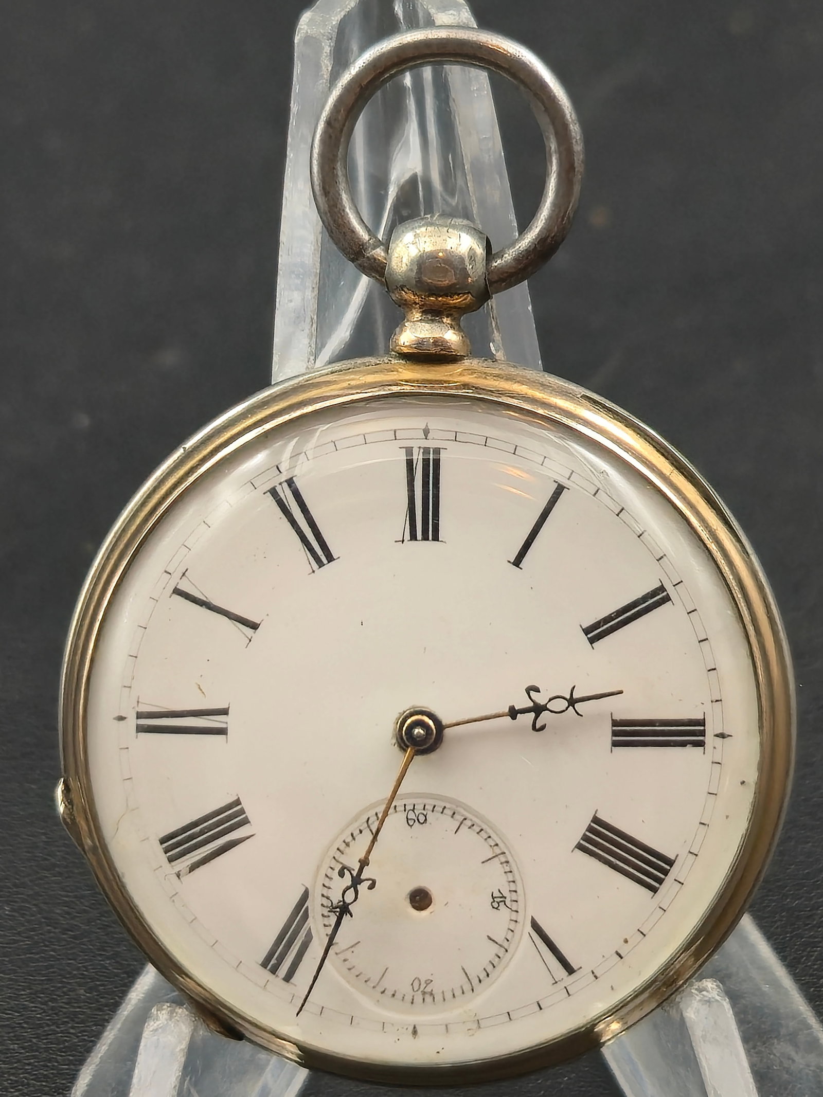 Antique Cylindre Pocket Watch in Brass Outer Case Silver Inner Case 49mm Key Wind Runs c1890s: Antique Swiss pocket watch with gilt movement signed “Cylindre” and serial number 91113, housed in a two-piece cased construction with a brass outer case and silver inner watch case. White ena