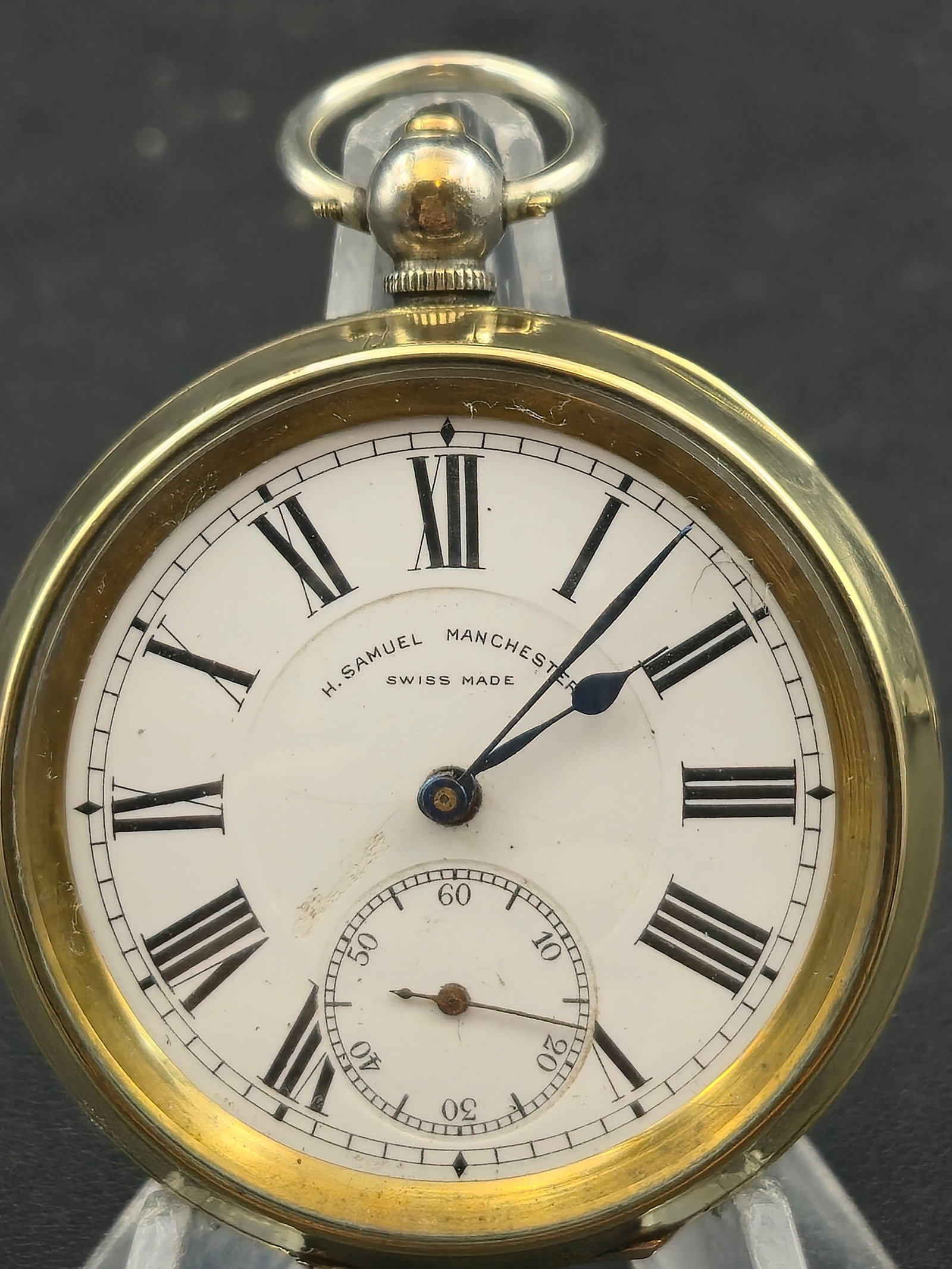 Antique H Samuel Manchester Swiss Pocket Watch Two Tone Brass Case Chain Driven 53mm Running c1900s (1 of 10)