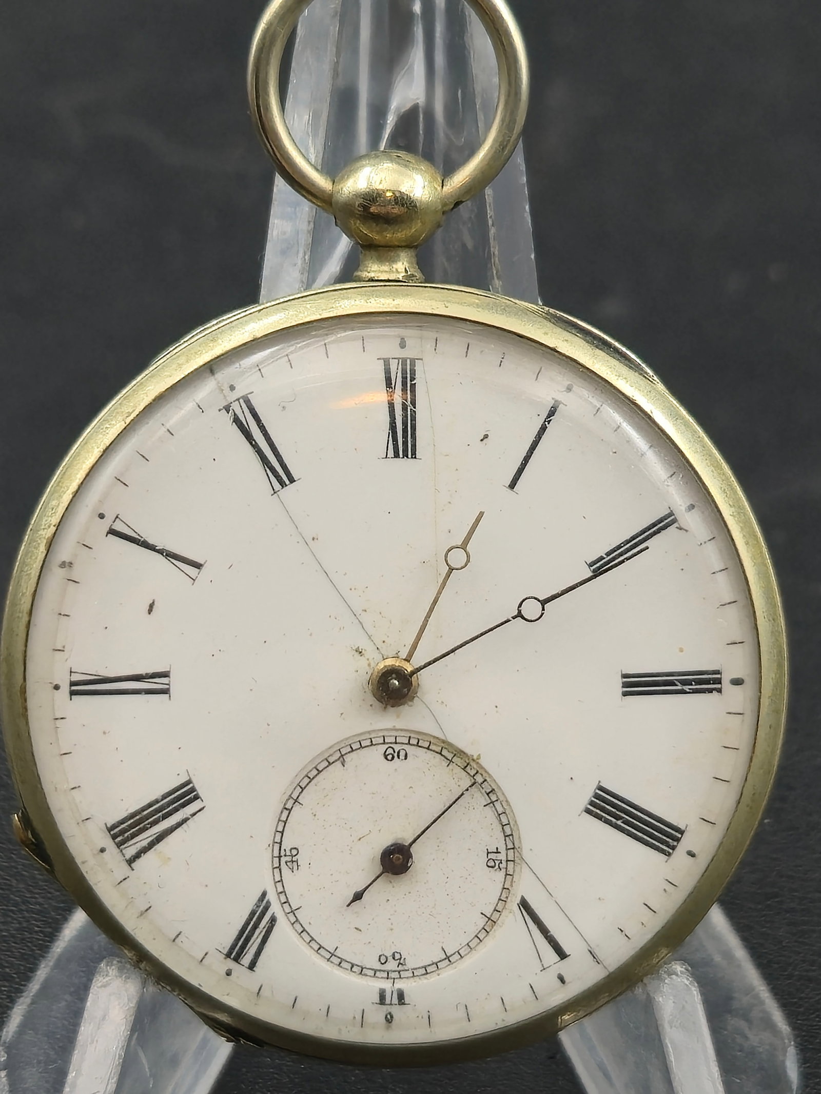 Antique M.J. Tobias London Cylinder Pocket Watch 45mm Brass Case 4 Holls Jewelled Running c1880s: Antique Swiss-made pocket watch signed M.J. Tobias London, a retailer name used on export movements. Features a white enamel Roman numeral dial with subsidiary seconds and blued steel hands.Movement i