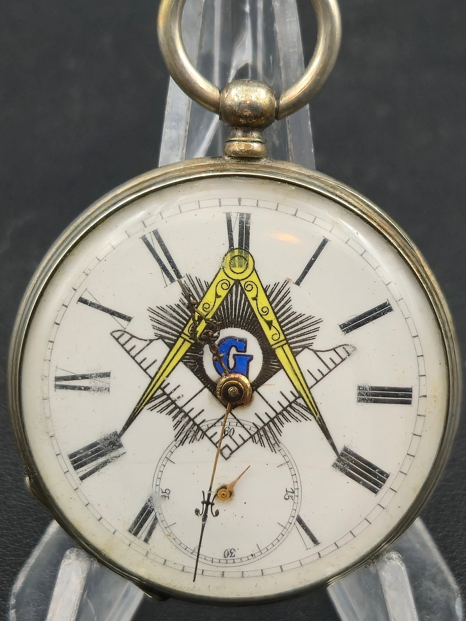 1900s Masonic Pocket Watch 15 Rubis Geneve 47mm Silver Tone Case Freemason Dial Running (1 of 10)