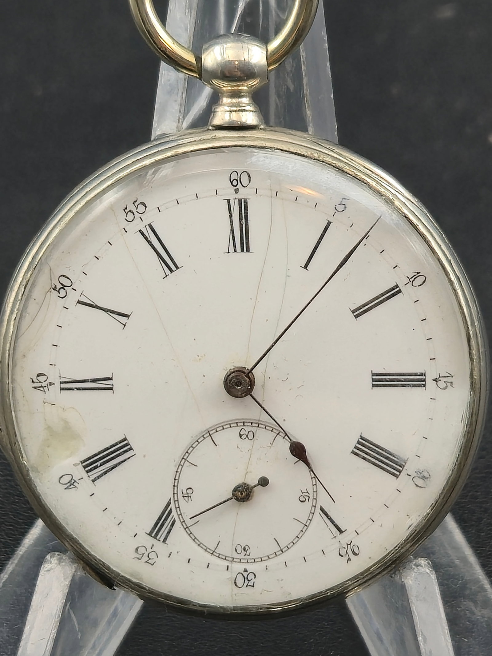 Antique Swiss Cylinder Pocket Watch 6 Rubis Roman Dial 45mm Scenic Case Running: Antique Swiss pocket watch featuring a mechanical cylinder escapement movement engraved “Cylinder No 15841 – 6 Rubis.” Open face design with Roman numeral enamel dial and sub-seconds at 6. T