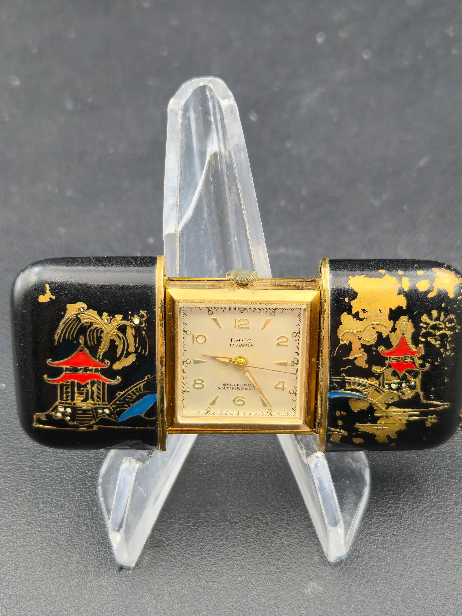 Vintage Laco 17J Folding Travel Clock Chinoiserie Lacquer Case Swiss Made (1 of 10)