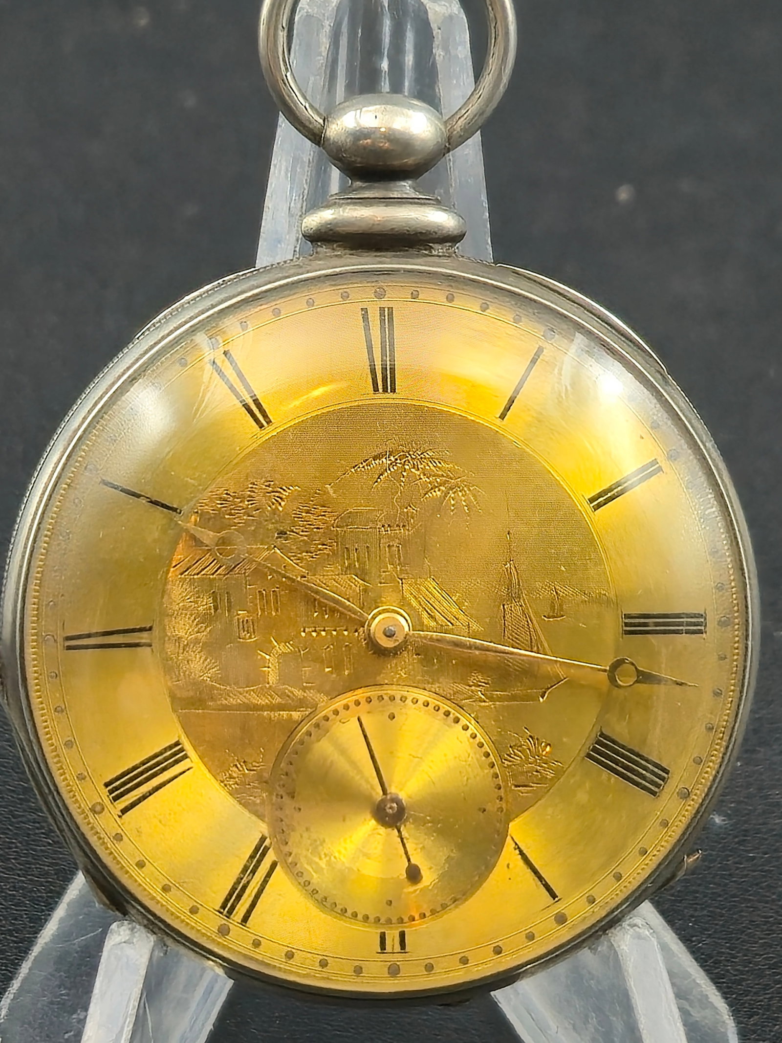 DuBois Geneve Argent Case Scenic Dial Pocket Watch c1880s Swiss Lever 13J 50mm: Antique Swiss pocket watch featuring a detailed hand-engraved scenic “picture dial” with Roman numerals and sub-seconds. The movement is signed DuBois Geneve, marked Ancre Demanché Lever, 13