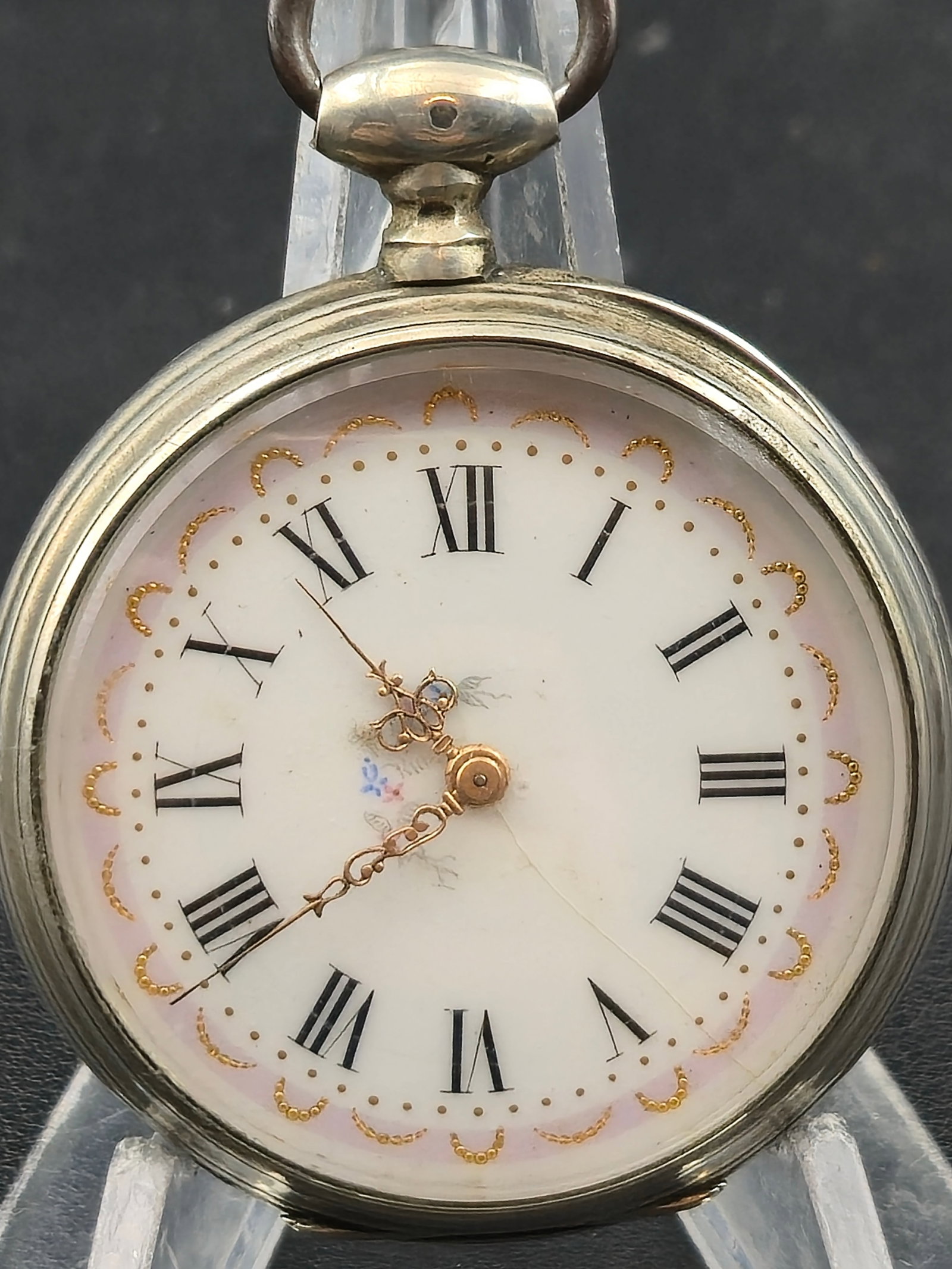 Swiss Leveque A Bienvent Argent Case Pocket Watch c1880s Key Wind 47mm: Antique Swiss pocket watch featuring a classic enamel Roman numeral dial with gilt decorative accents and ornate gold-tone hands. The cuvette is signed “LÉVÈQUE à Bienvent – Breveté – Médai