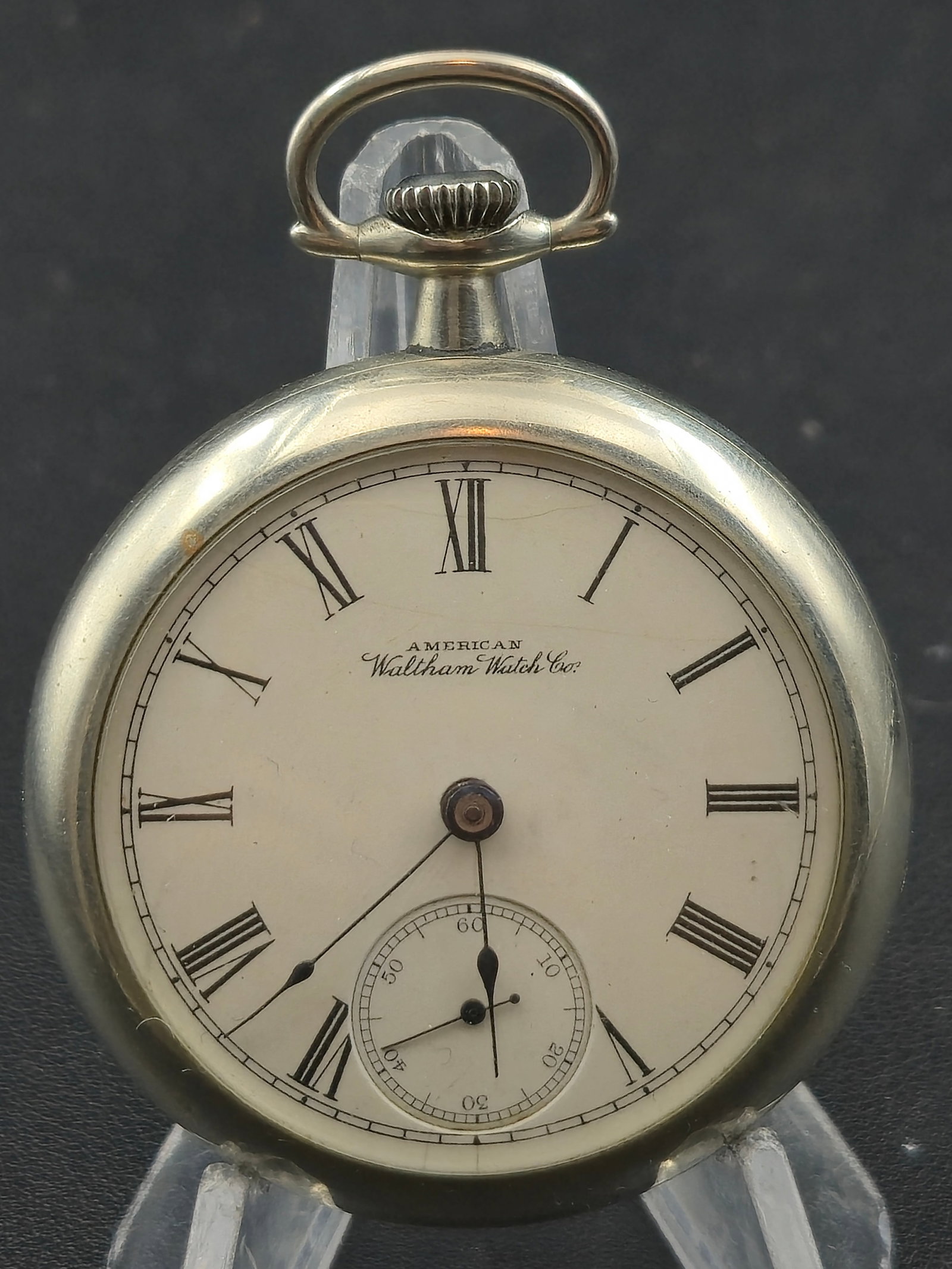 1906 Waltham Grade 820 18s 15J Pocket Watch Silverode Case Train Engraved Back Running: Vintage American Waltham Watch Company pocket watch featuring a Grade 820 movement (Model 1883) with 15 jewels, serial number 14896217, dating to approximately 1906. The movement displays attractive d