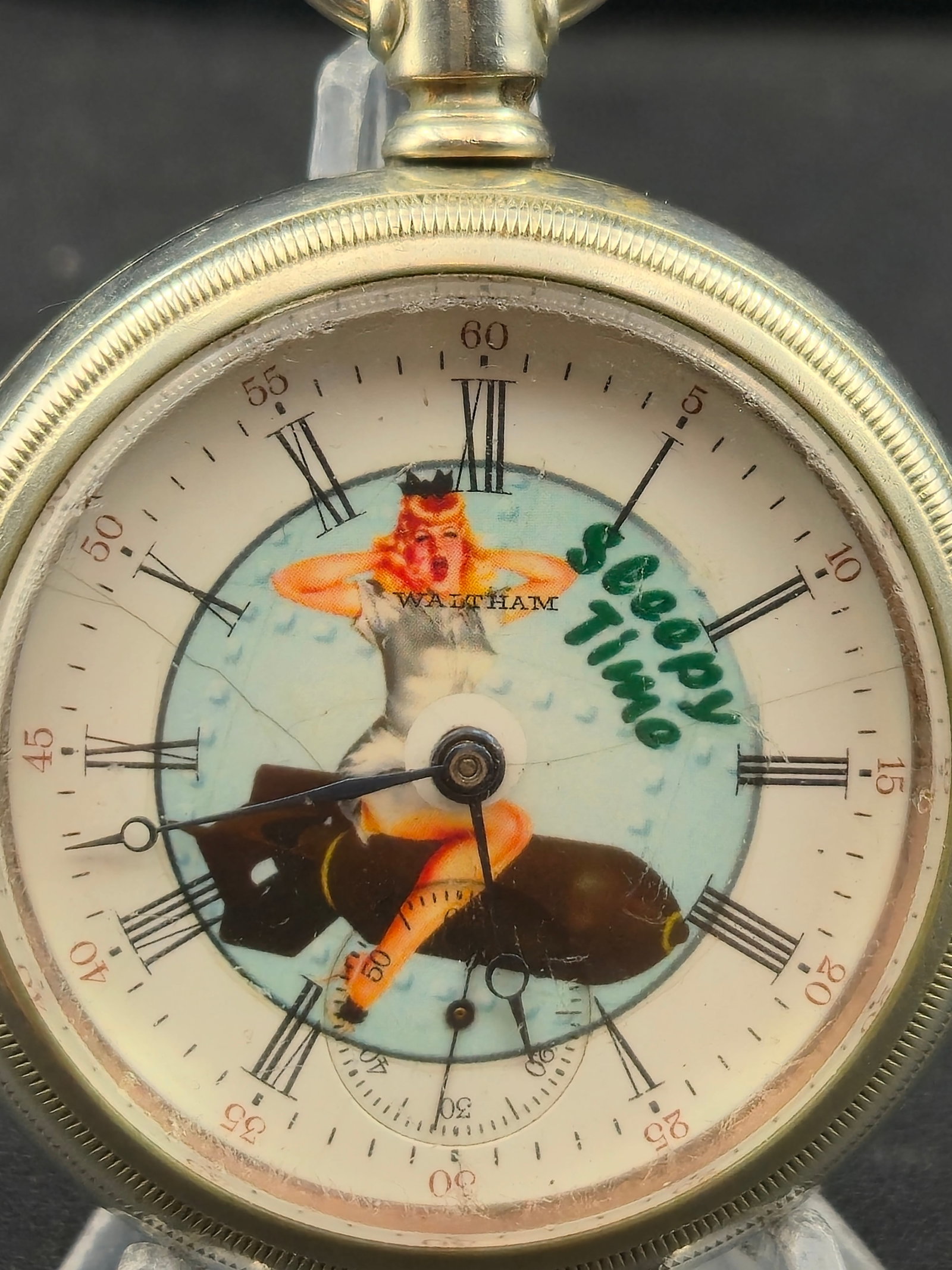 1916 Waltham Grade 820 18s 15J Pocket Watch Seepy Time Bomb Pin-Up Dial Running: Vintage American Waltham Watch Company pocket watch featuring Grade 820 movement (Model 1883), serial number 20878792, dating to 1916. Nickel finished full plate movement with 15 jewels and “Safety 