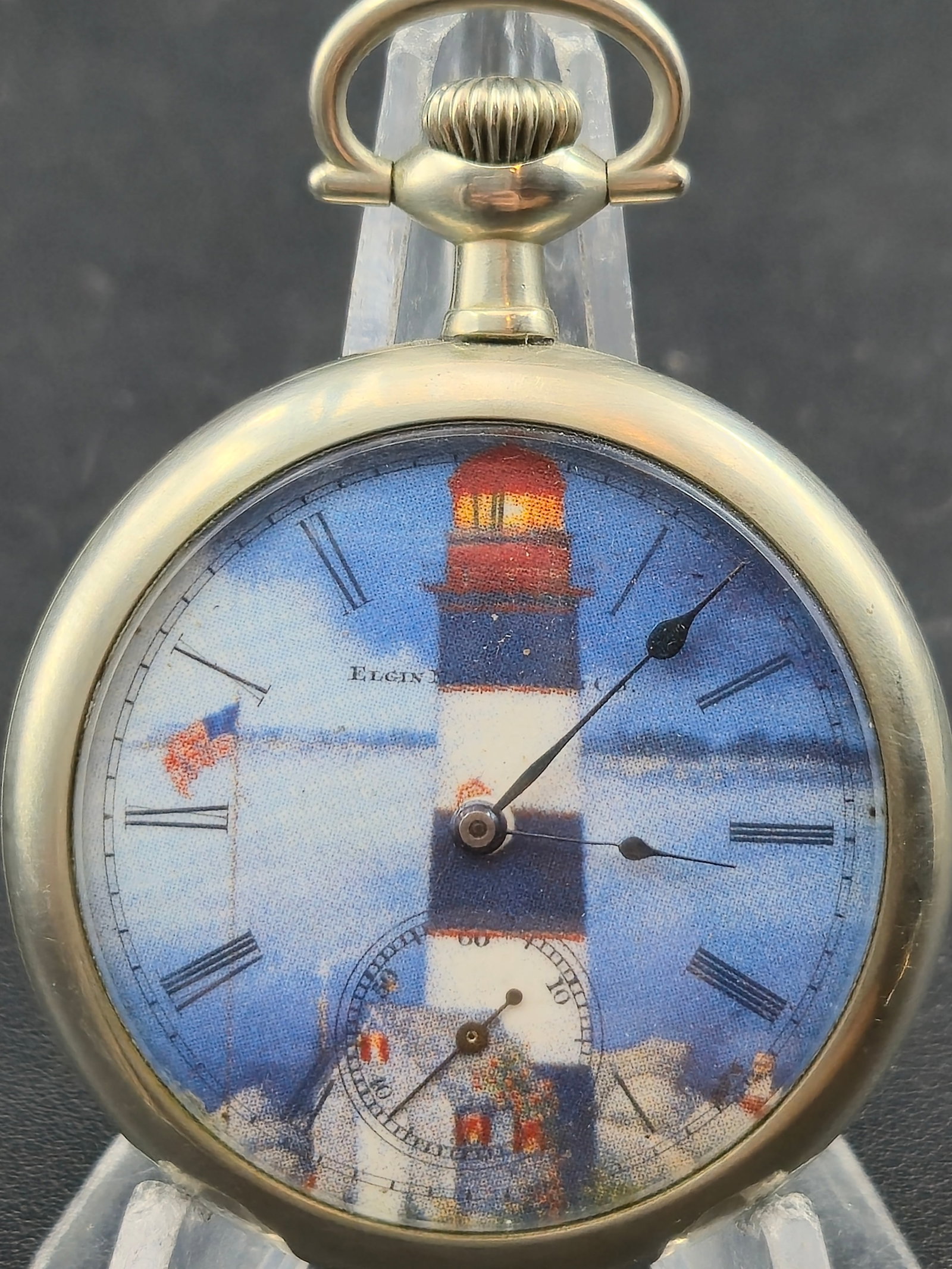 1904 Elgin Grade 221 16s 15J Pocket Watch Lighthouse Transfer Dial Running (1 of 8)