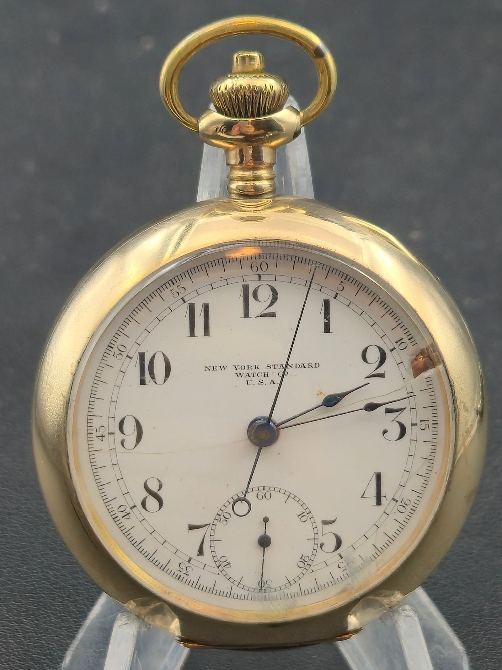 1907 New York Standard First Run Chronograph 18s 7J Gold Filled Open Face Pocket Watch Running (1 of 8)