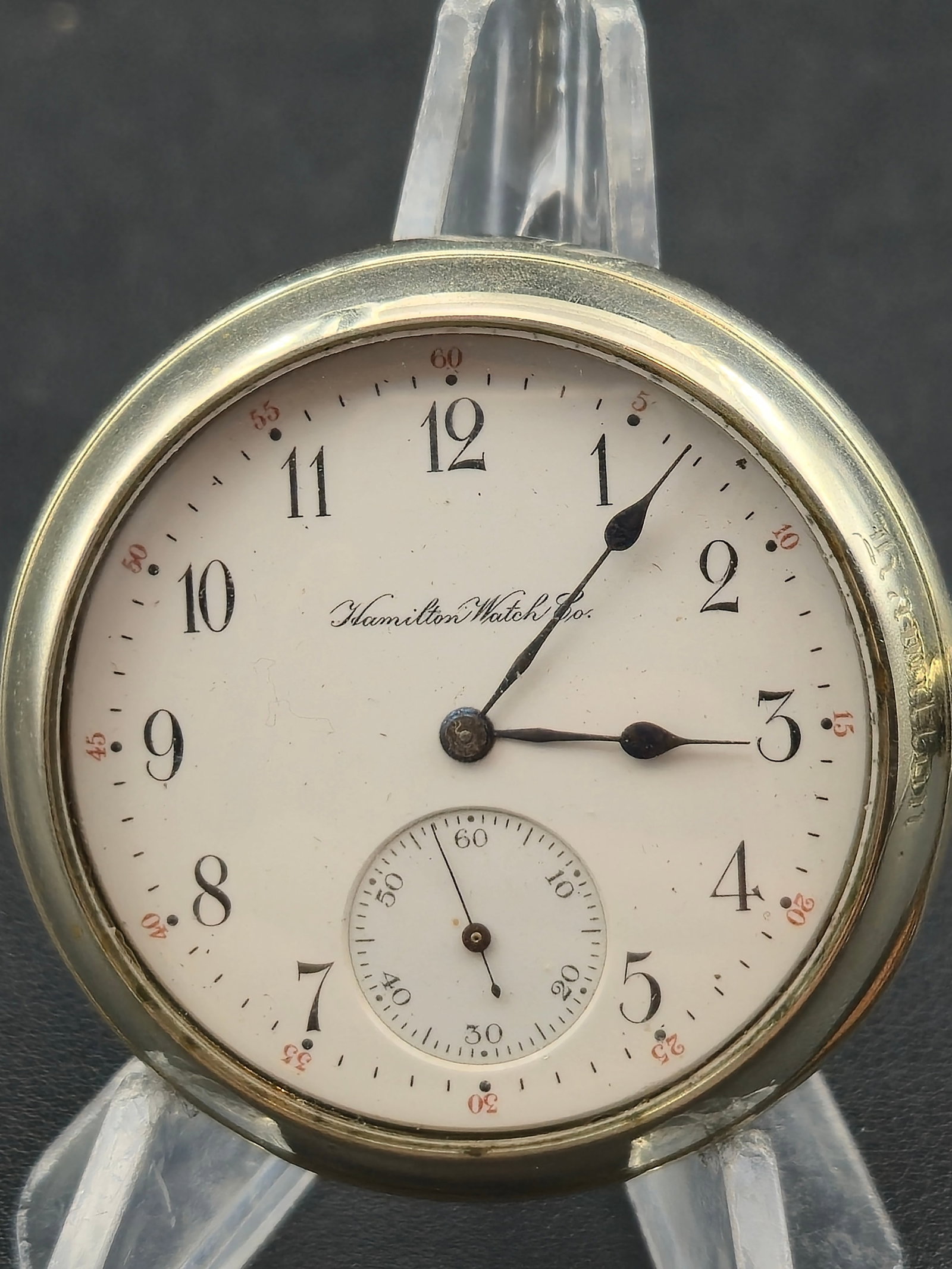 1908 Hamilton Grade 973 16s 17J Hamilton Salesman Display Case Sidewinder Pocket Watch Running (1 of 6)