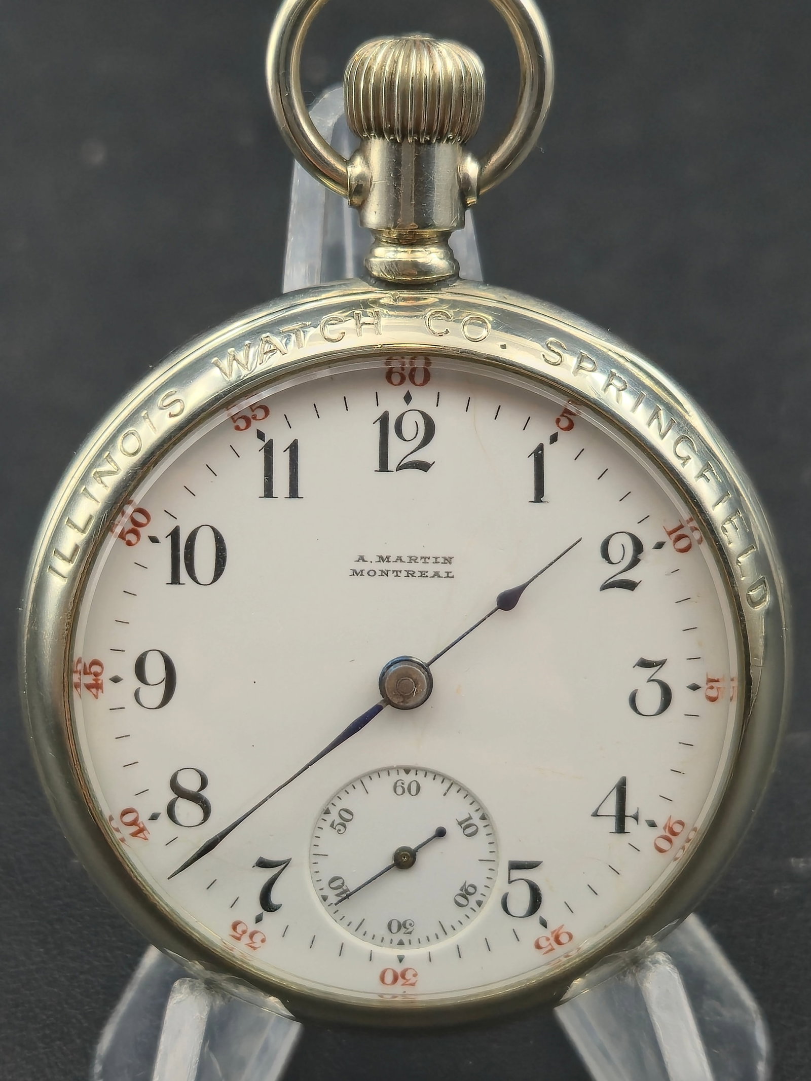 1907 Illinois Grade 59 A Martin Montreal 18s 15J Illinois Display Case Private Label Running: Circa 1907 Illinois Watch Co pocket watch featuring a Grade 59 movement with A. Martin Montreal private label on both the dial and movement.This example is housed in a correct Illinois-branded salesma