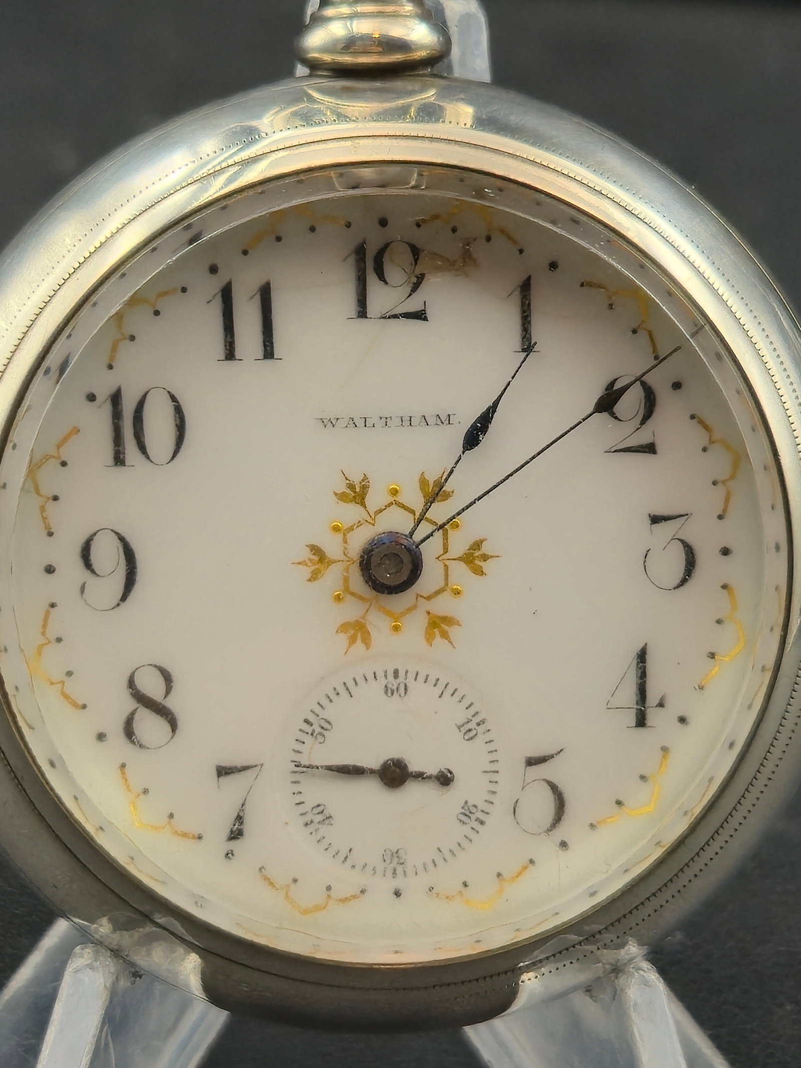 Waltham No 85 18s 1900 17J Gold Inlay Stag Case Fancy Dial Coin Pocket Watch Running: American Waltham Watch Co. Grade No. 85, Model 1883, produced circa 1900 with 17 jewels and adjusted movement. This example features a fancy enamel dial with gold decoration and is housed in a Fahys C