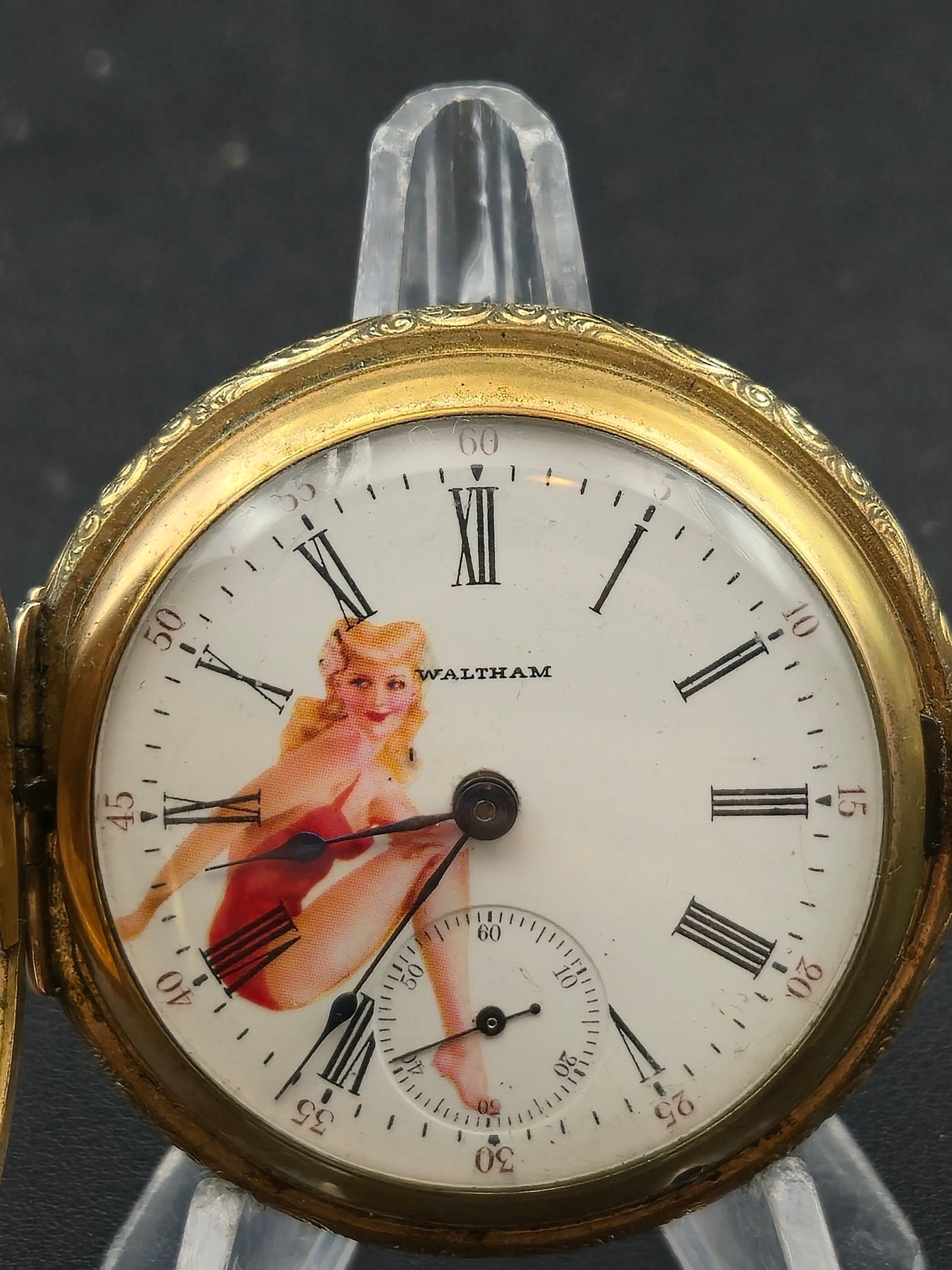 Waltham Grade 820 Model 1883 1899 18s 15J Hunter Highly Engraved Gold Filled Pinup Dial Running: American Waltham Watch Co. Grade 820 Model 1883 pocket watch, produced circa 1899, featuring a 15 jewel full plate movement with safety pinion and Breguet hairspring. Lever set configuration. Housed i