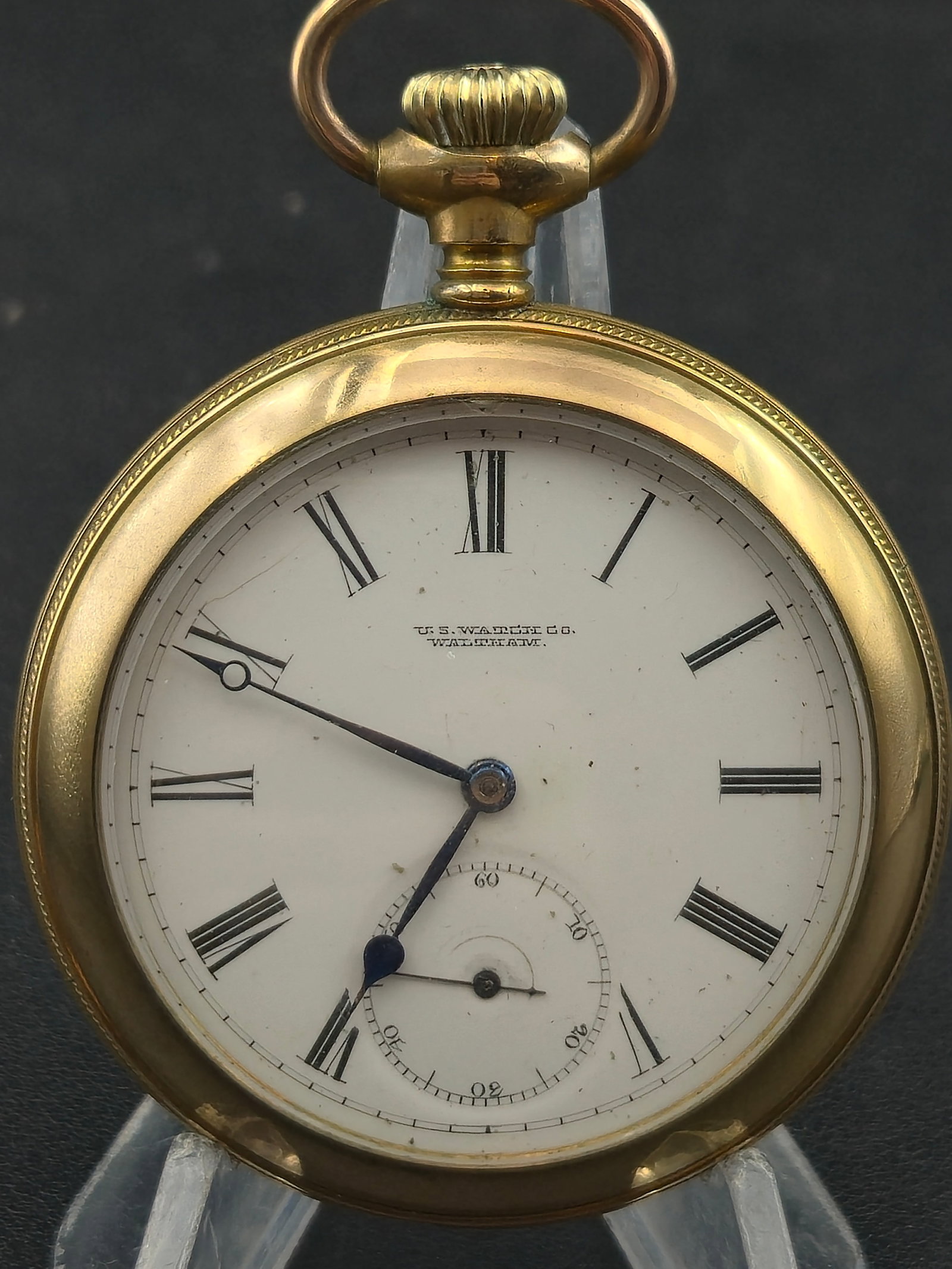 1888 U.S. Watch Co Waltham Grade 25 Model 1888 18s 15J Gold Filled Hunter Fancy Case: U.S. Watch Co. (Waltham, Mass) Grade 25 Model 1888 pocket watch, produced circa 1888, with a 15 jewel adjusted movement, micrometric regulator, Breguet hairspring, and 3/4 plate gilt finish. Early and