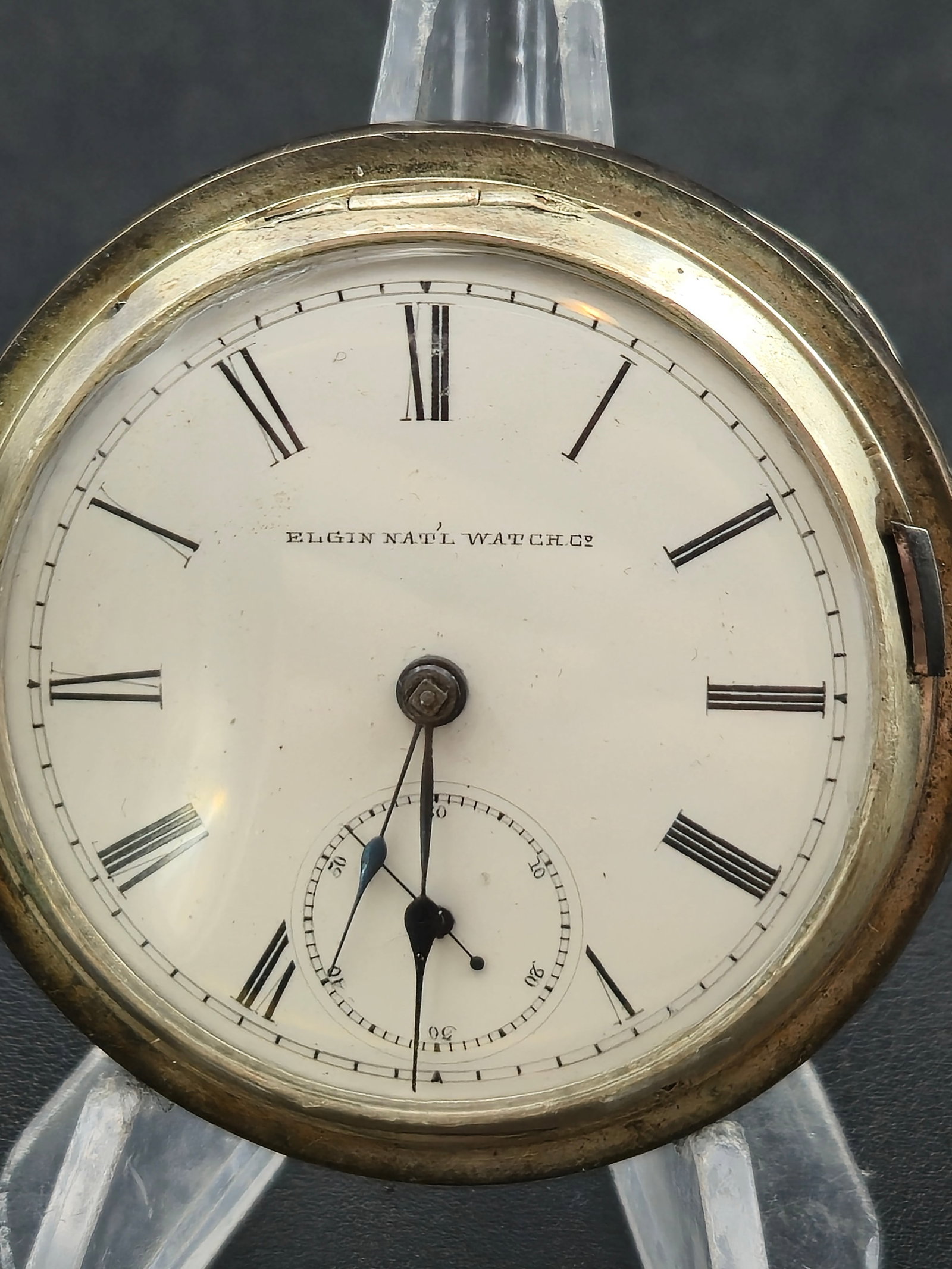 Early 1887 Elgin Grade 97 Coin Silver Hunter Key Wind 18s w Key Chain Running: Antique Elgin National Watch Company pocket watch featuring a Grade 97 movement (serial 2098748), produced circa 1887. This is an early key-wind, key-set 18-size movement housed in a coin silver hunte