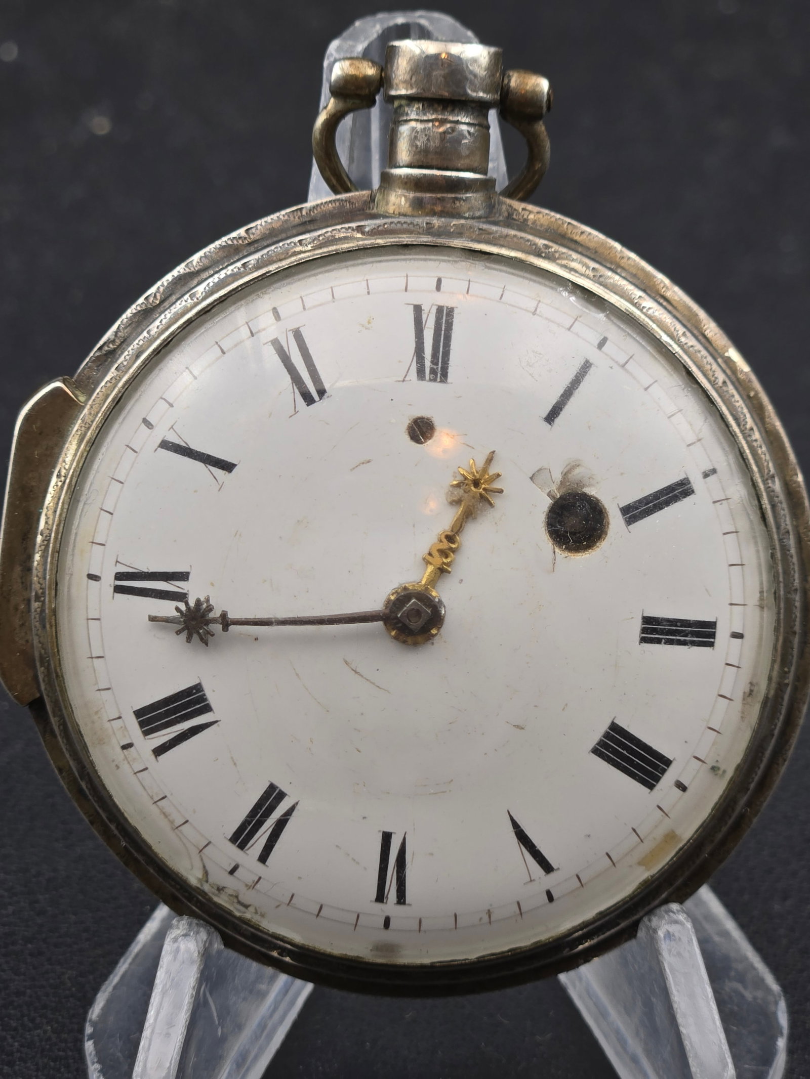 Berthow Verge Fusee Pocket Watch Silver Case 54mm Key Wind Hunter Not Running c1800s: Antique European pocket watch signed Berthow, housed in a silver hunter case. This is a verge escapement with fusee movement, identified by the ornate pierced balance cock, chain-driven fusee system,