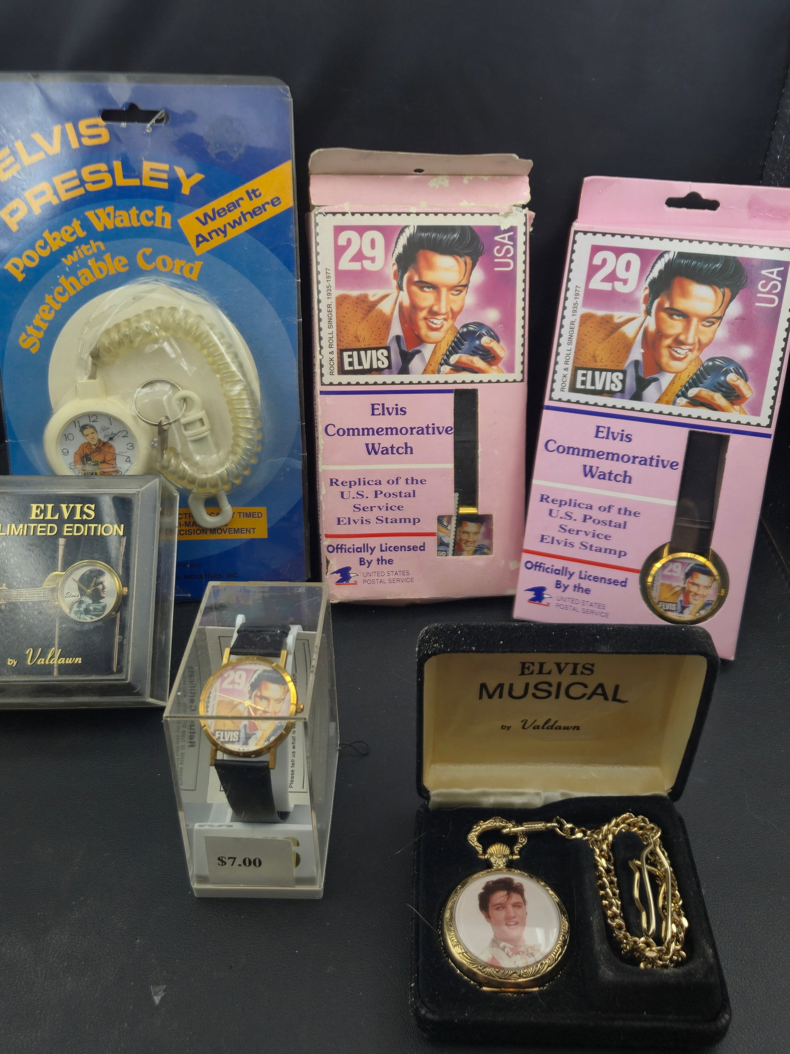 Elvis Presley Watch Lot Musical Pocketwatch Working Commemorative USPS Stamp Valdawn Boxed Set (1 of 8)