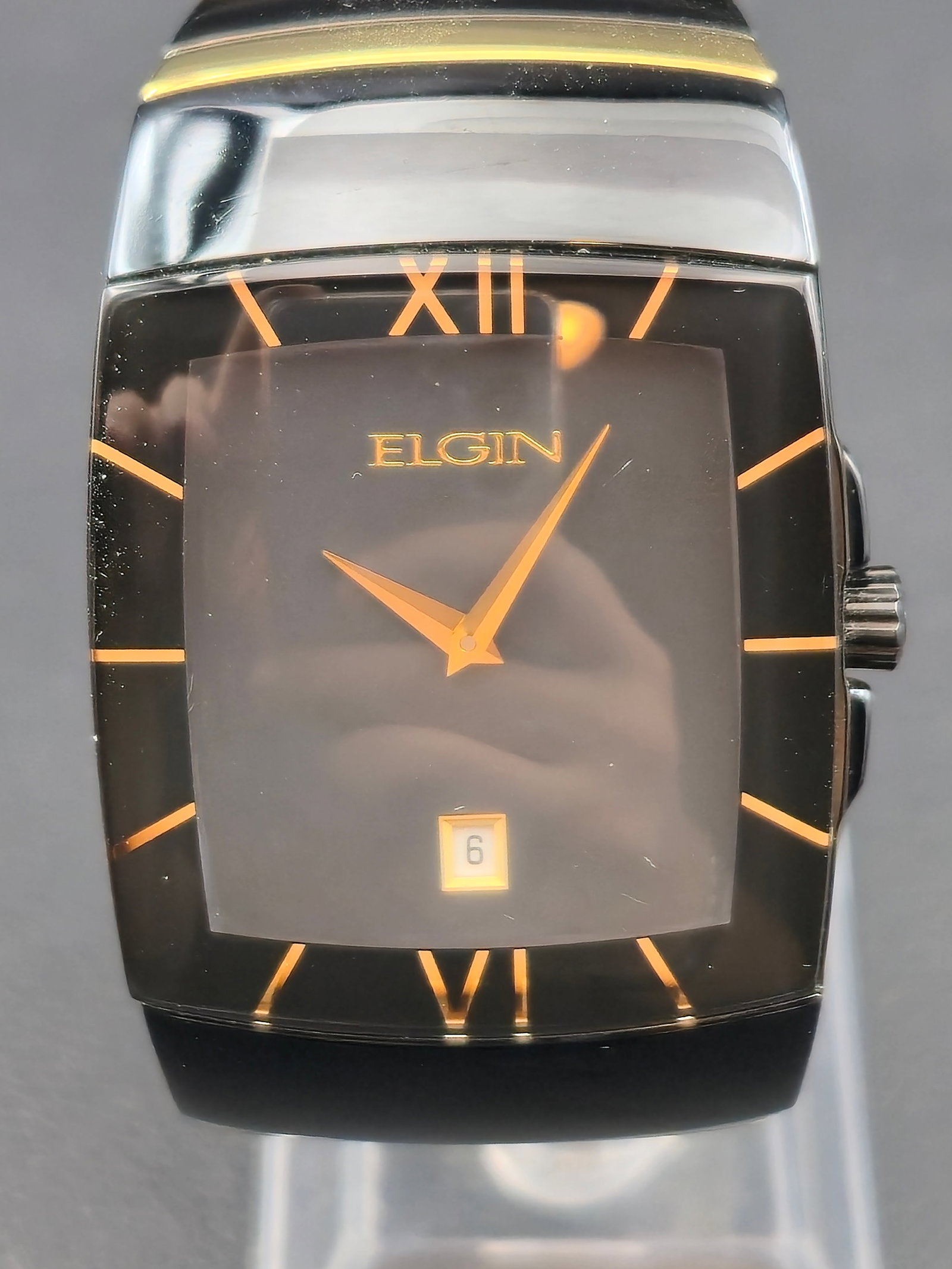 Elgin FG543 Modern Tank Black Gold Quartz Date Watch 32mm Japan Movt Runs Bracelet (1 of 13)