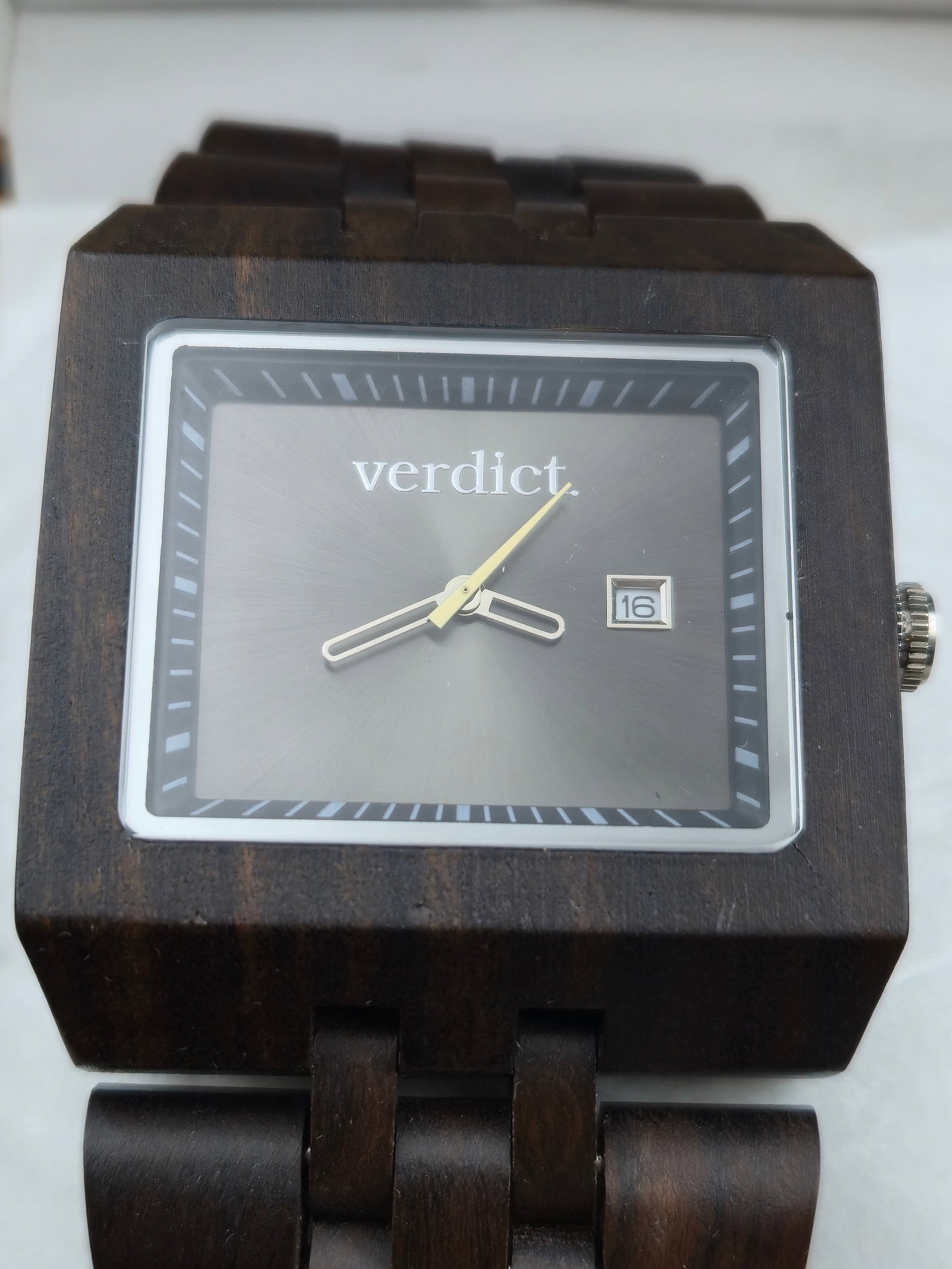 Verdict Wooden Case Watch NOS Full Set Box Wood Bracelet Date Quartz: New old stock Verdict wood case wristwatch featuring a rectangular dark wood case and matching wood link bracelet. Clean gray dial with date window and minimalist design. Comes complete with original