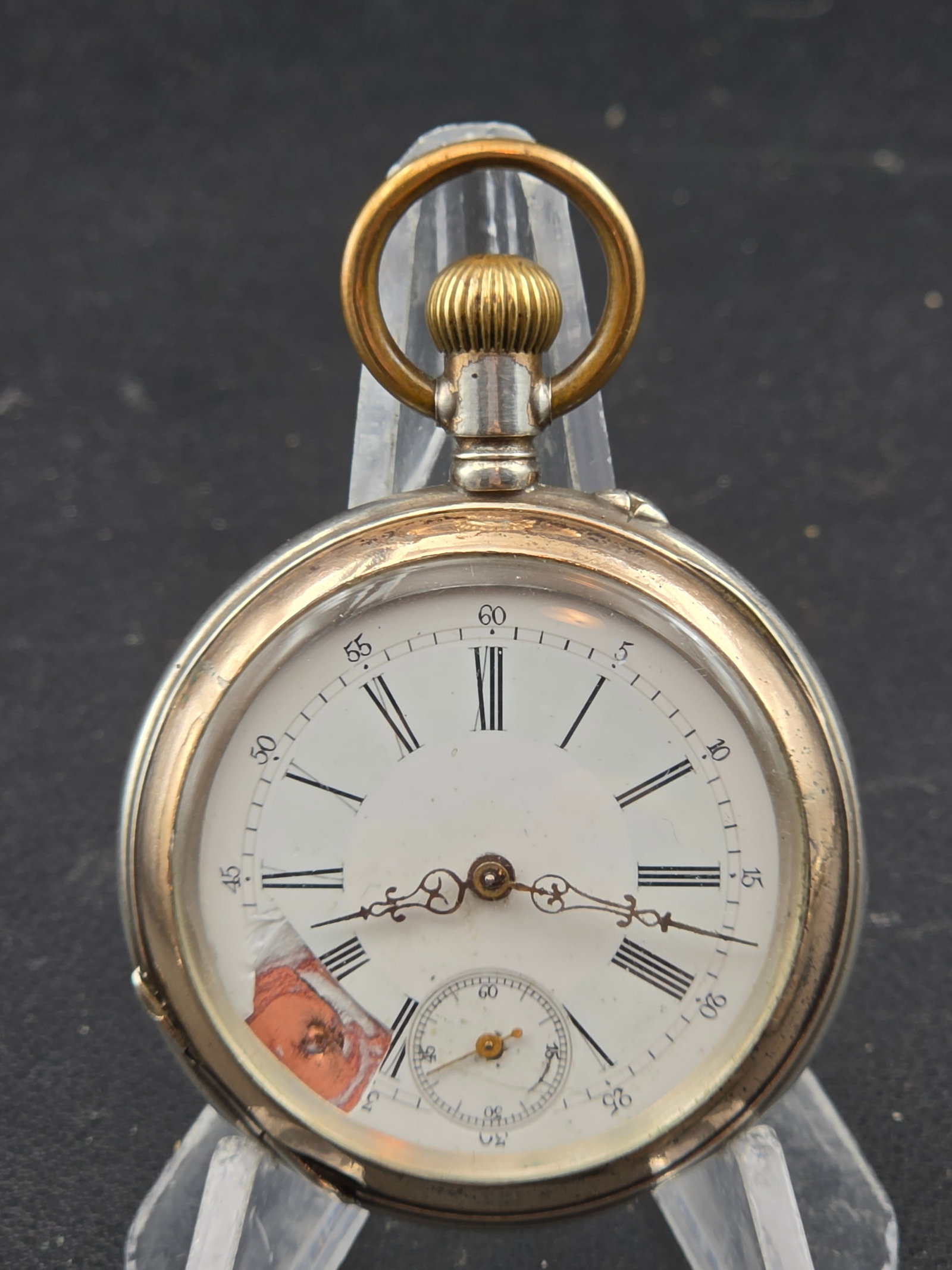 Antique Swiss Silver Pocket Watch Horse Engraved Case Running Cracked Enamel Dial Sub Seconds (1 of 8)