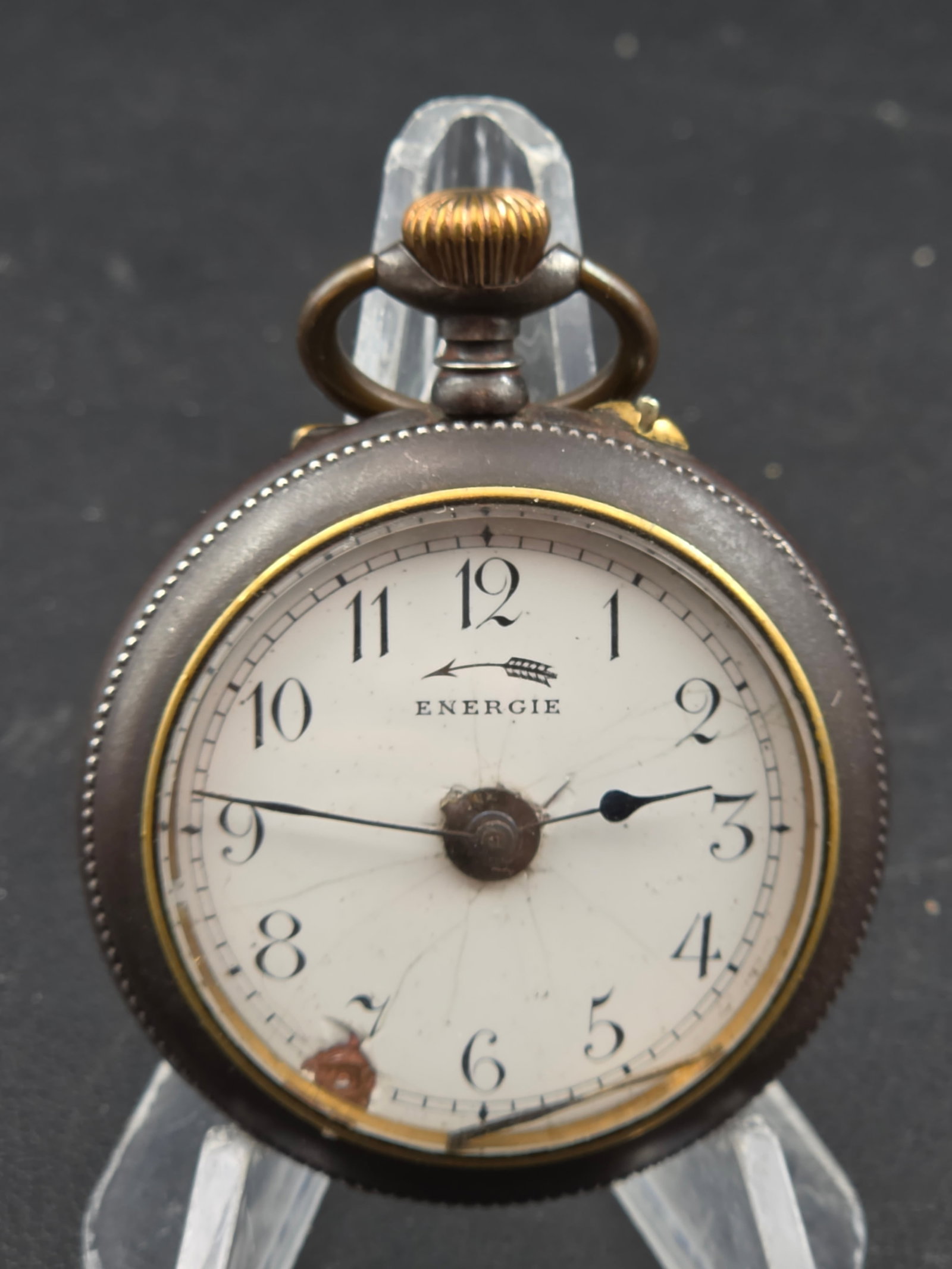 Early 1900s Energie Alarm Pocket Watch Mechanical 50mm Sub Seconds Alarm Works: Early 1900s Energie mechanical pocket watch with alarm function. Black case marked “Aciers Garantie” on inner cover. Inner dust cover reads “Alarm Stop” with patent reference “RD No 