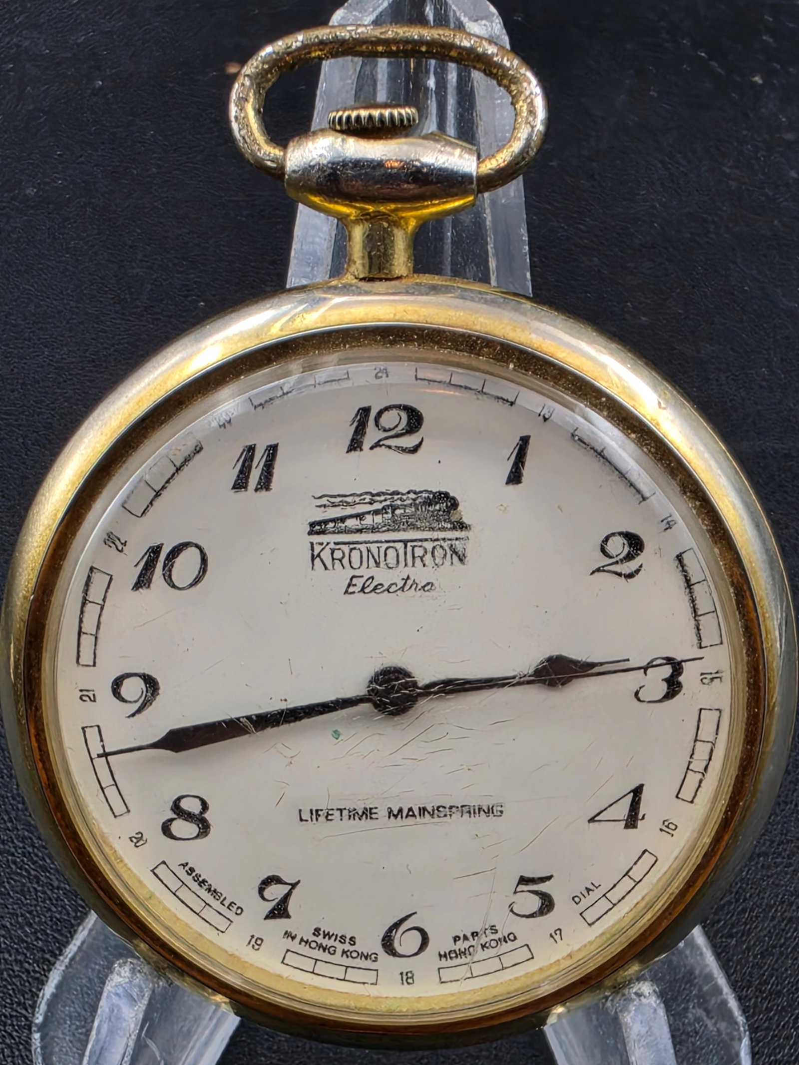 Vintage Kronotron Electra Pocket Watch 50mm Hong Kong Swiss Parts Running: Running Kronotron Electra pocket watch with Swiss parts and Hong Kong assembly as marked on the movement and dial. Features a unique locomotive-themed embossed caseback and matching dial logo, along w