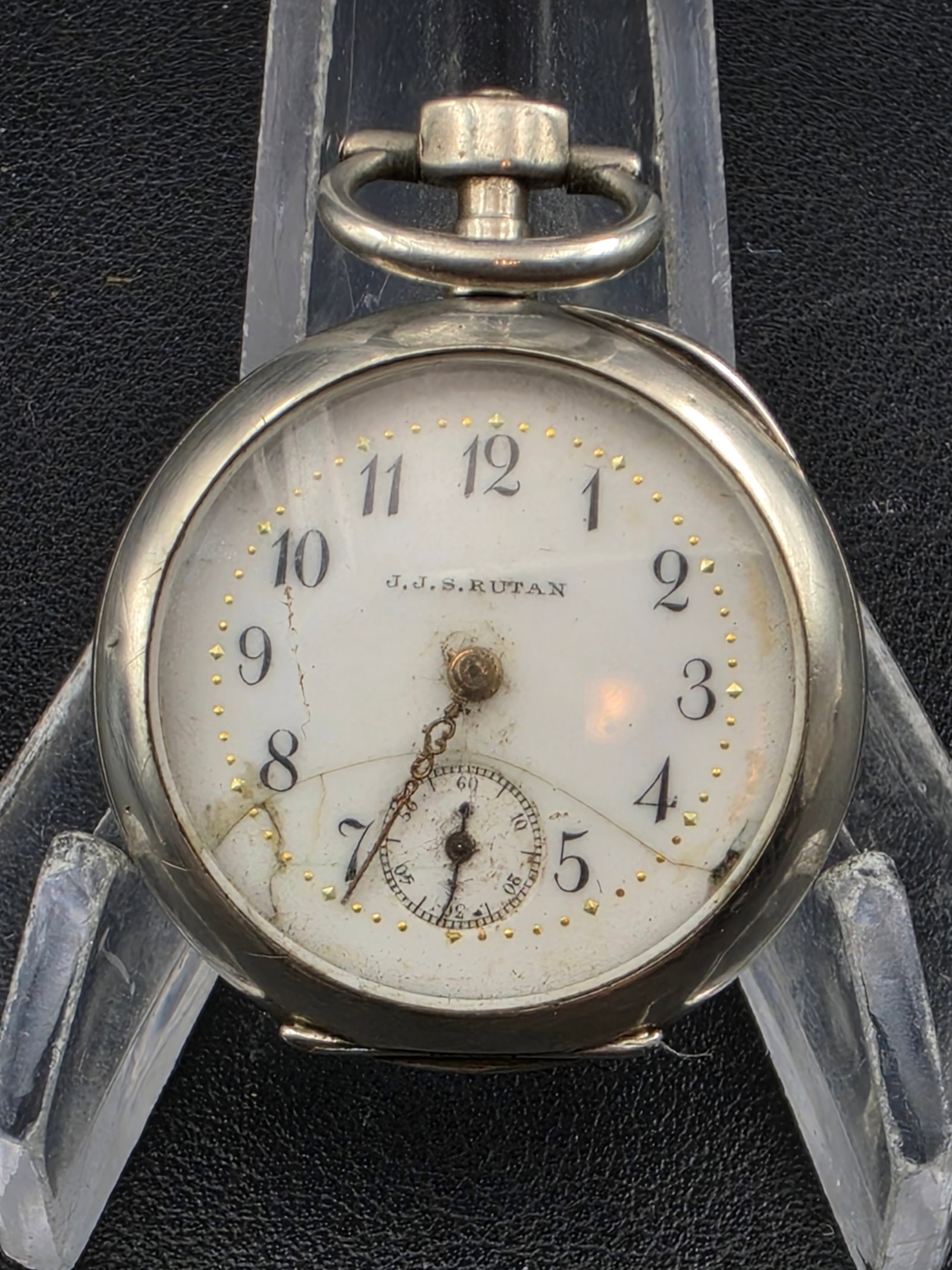 J.J.S. Rutan Private Label Pocket Watch Argentan Case 32mm Swiss Movement Untested: Vintage private label pocket watch signed “J.J.S. Rutan”, featuring a classic enamel dial with applied gold markers and sub-seconds.The case is clearly marked “Argentan”, indicating a 