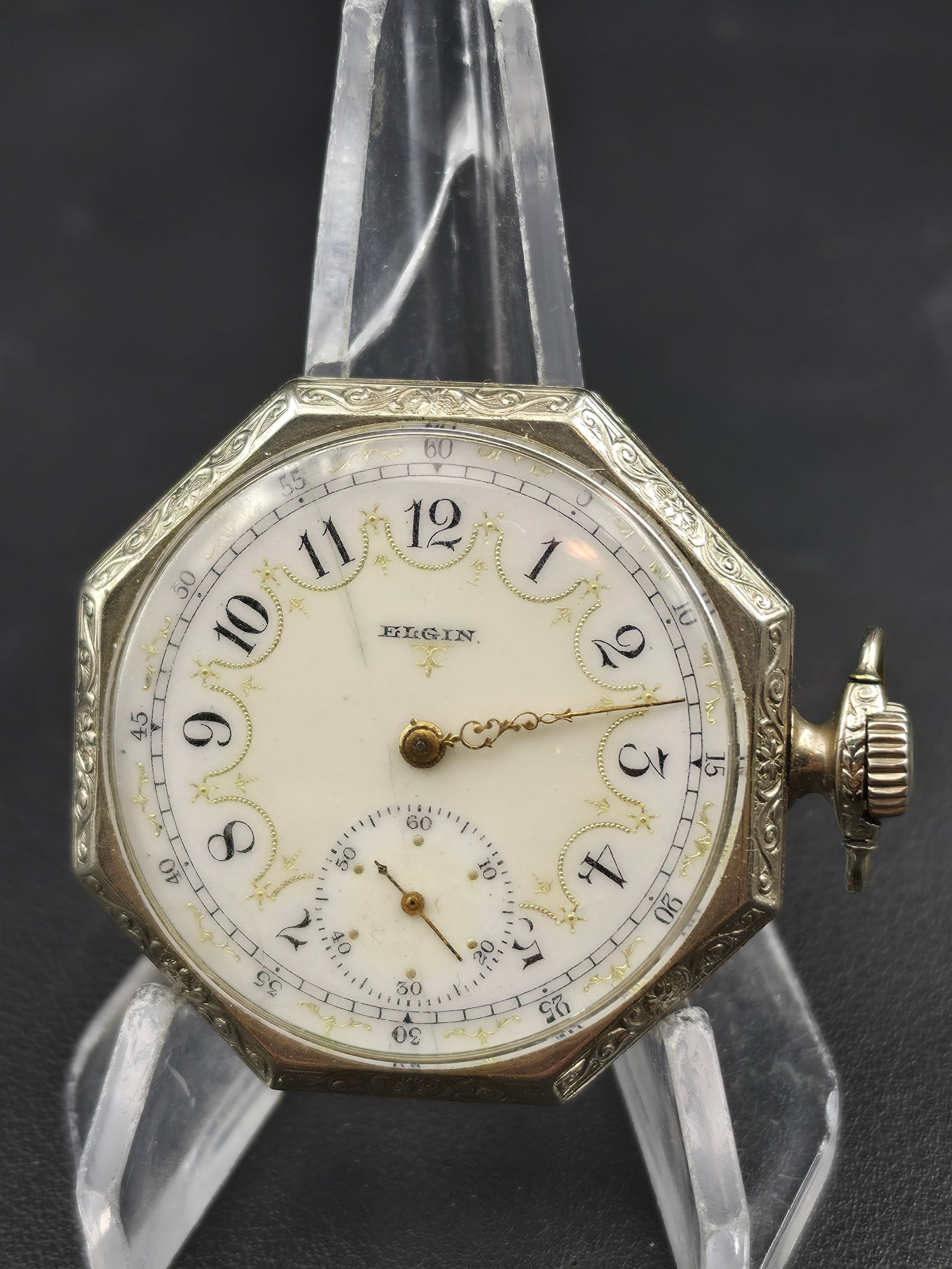 1919 Elgin Grade 314 Model 2 12s 15j Pocket Watch Octagon Case GF Ornate Dial Subseconds Untested Vi (1 of 10)