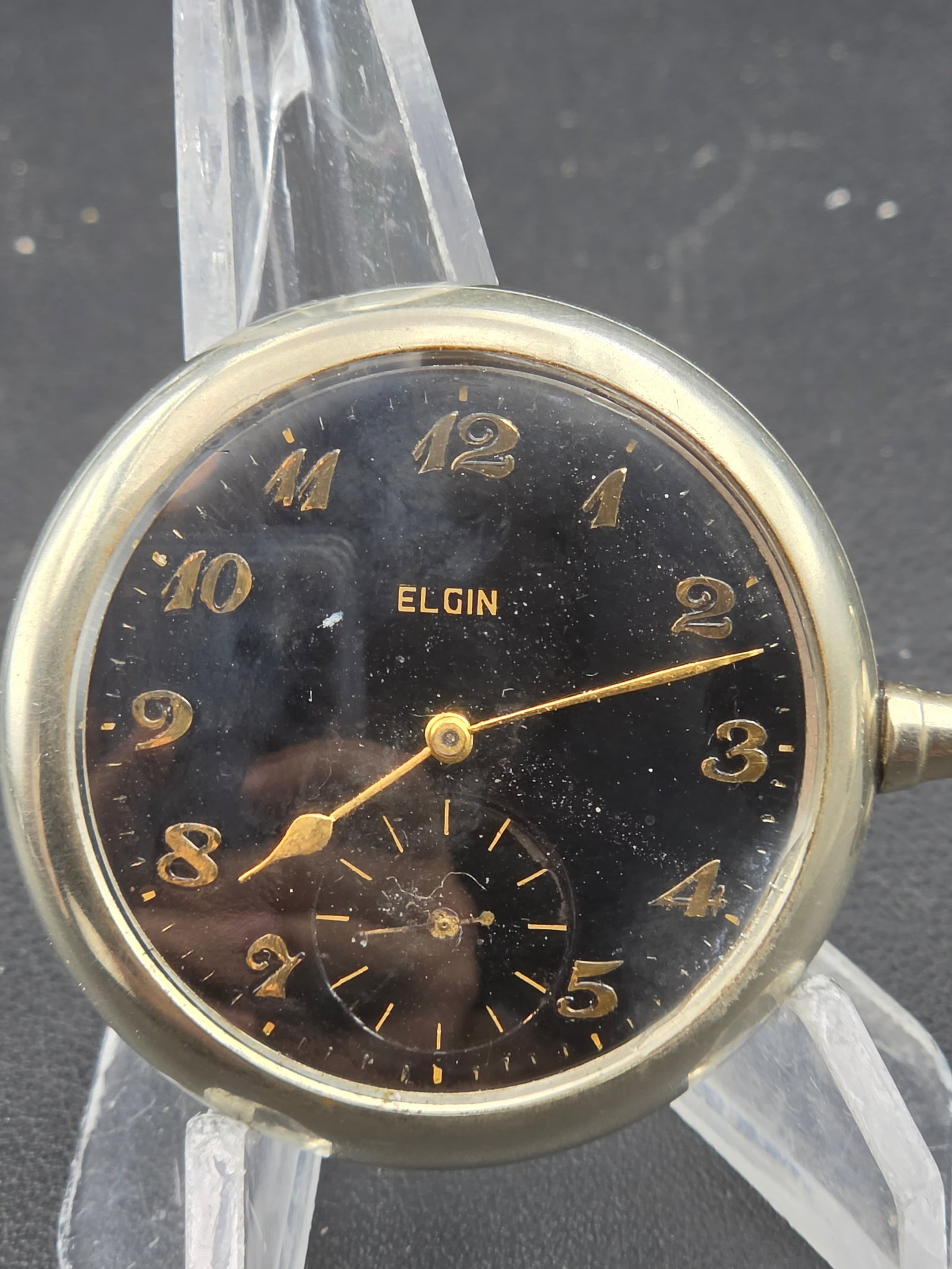 1928 Elgin Grade 301 Model 2 12s 7j Pocket Watch Black Gilt Dial Subseconds Runs Vi (1 of 8)