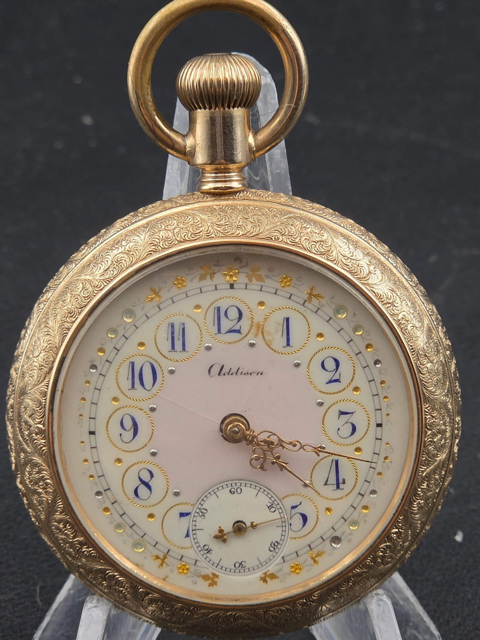 Addison Fancy Dial 18s Pocket Watch Gold Filled Ornate Case Blue Arabic Numerals 52mm Runs (1 of 11)