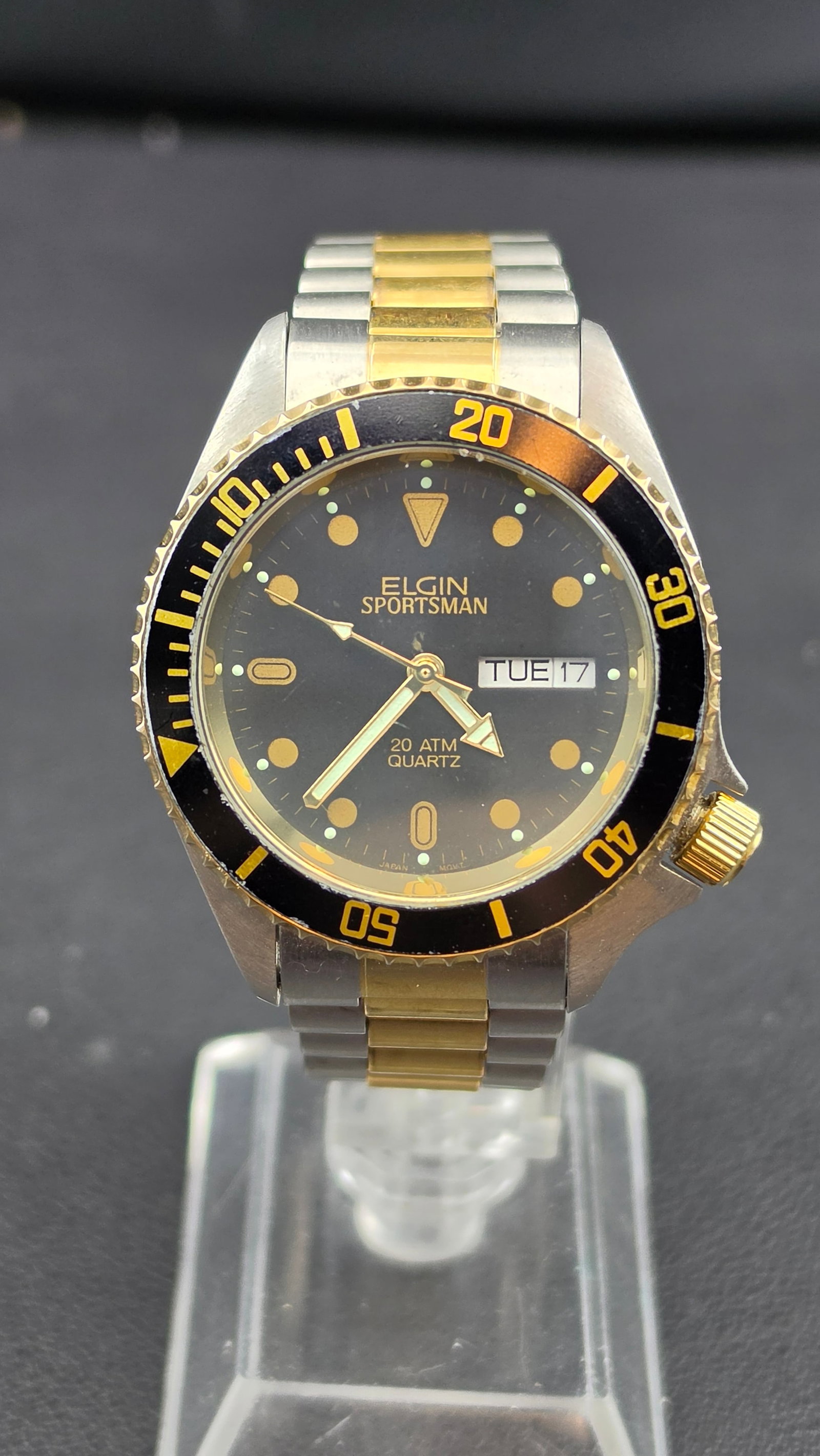 1995 Elgin Sportsman 5Y22-6019 40mm Two Tone Diver Style Day Date Watch New Battery (1 of 9)