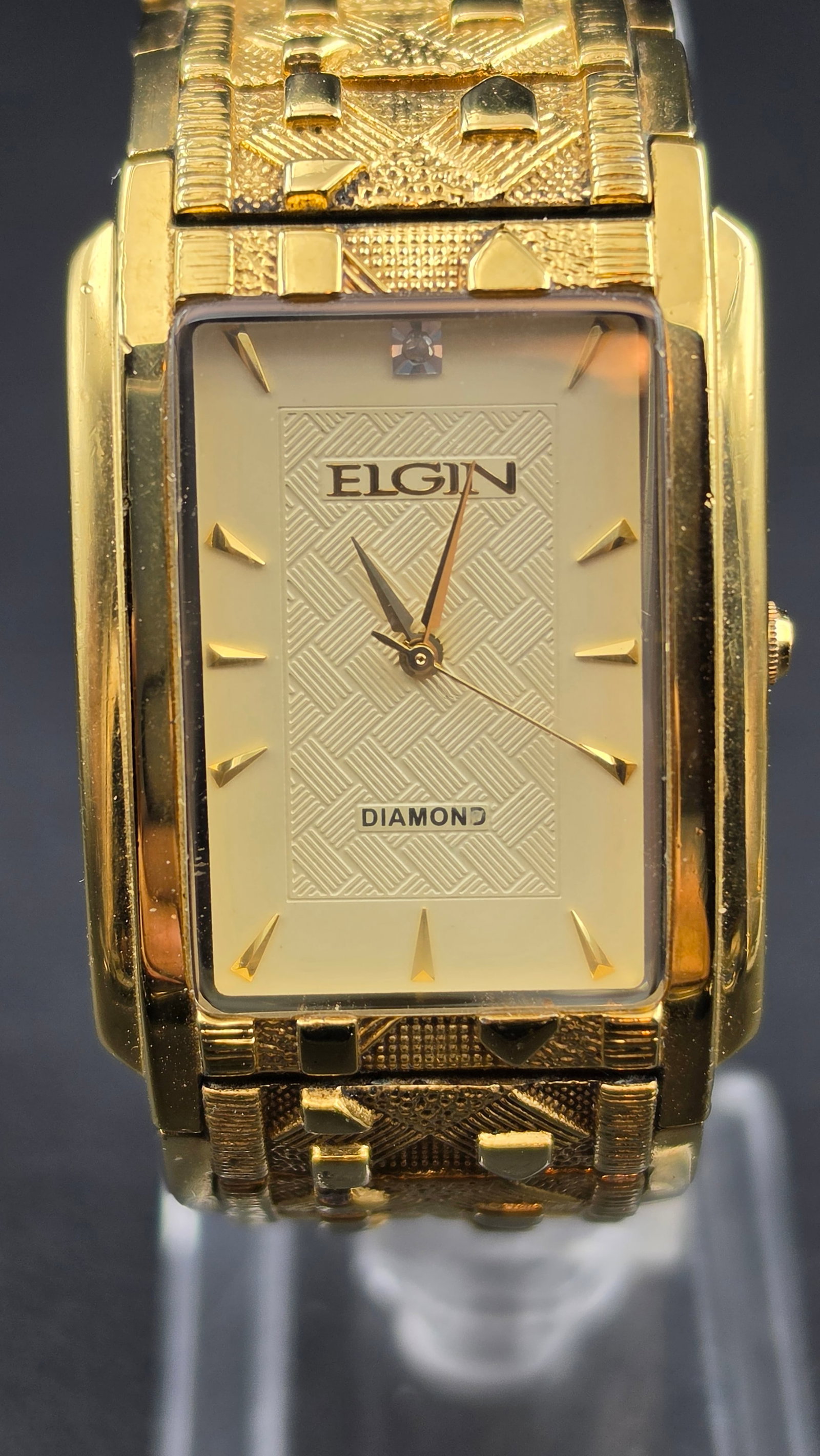 Elgin Diamond Dial Gold Tone Tank Watch 27mm Quartz Bracelet Textured Band New Battery Runni (1 of 8)