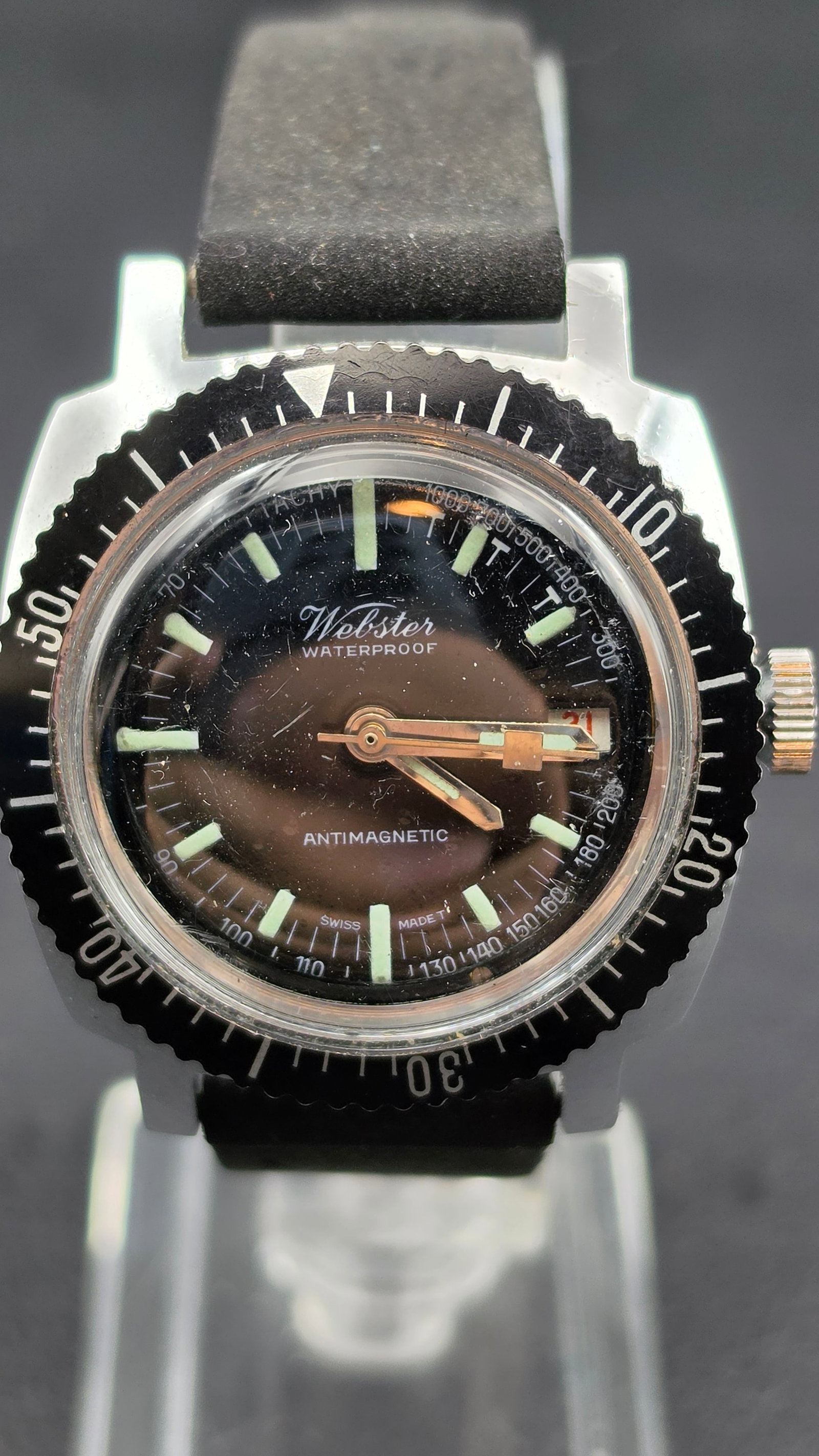 Vintage Webster Diver Style 17J Swiss Waterproof Date 36mm Black Dial Rotating Bezel Running (1 of 10)
