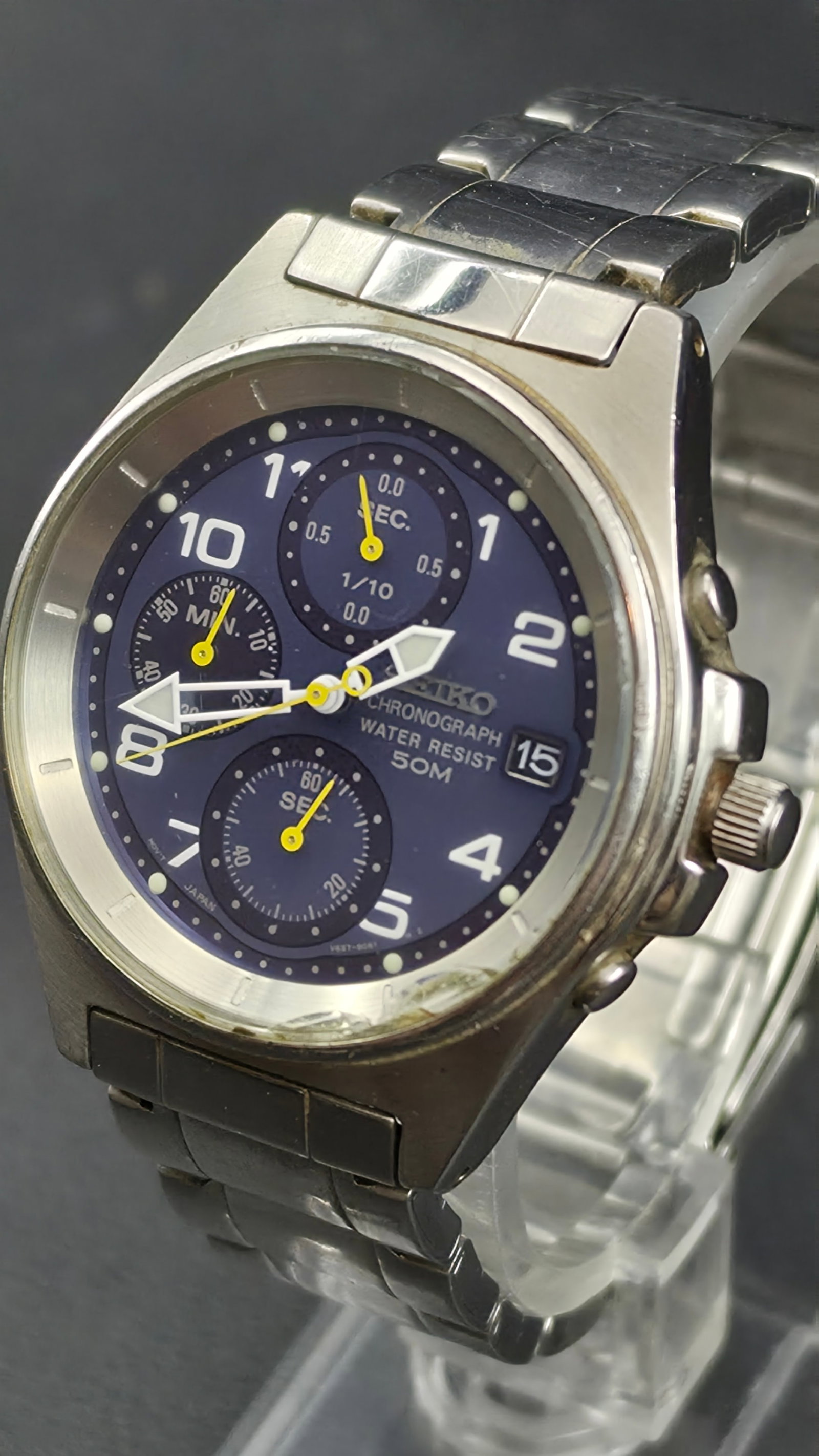 Seiko V657-9039 Chronograph Blue Dial 40mm New Battery Japan Movement 1990s (1 of 9)