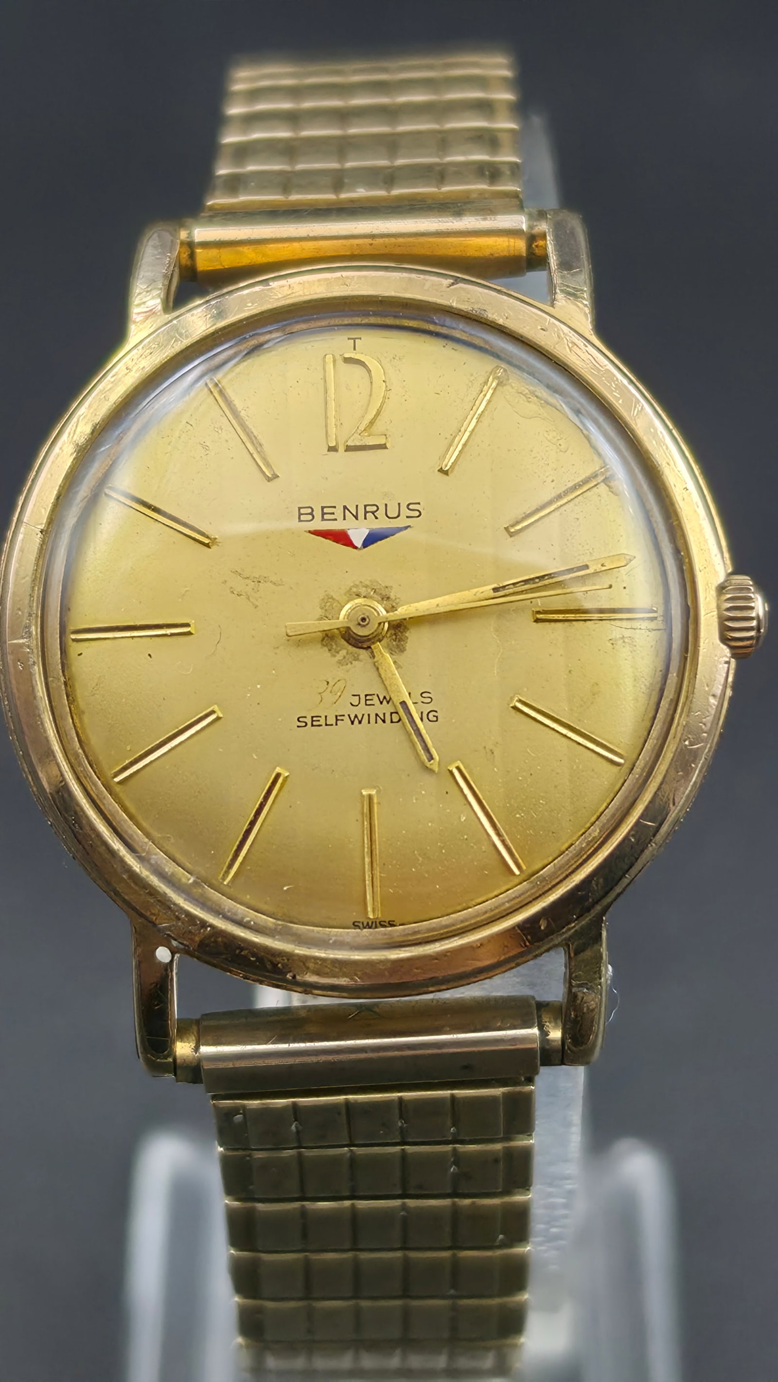 Benrus Swiss self-winding automatic mens watch 10K RGP case 20 micron gold electroplate bezel 17 jew (1 of 9)