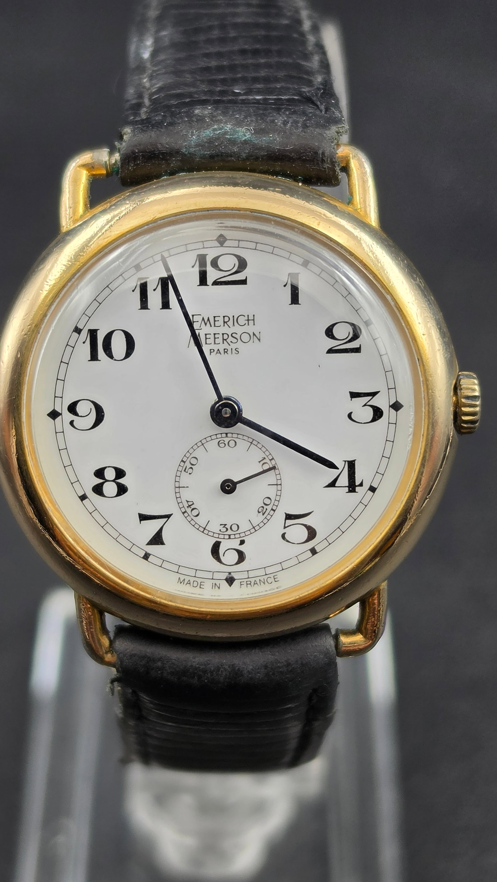 Emerich Meerson Paris Vintage Manual Wind 17 Jewel Gold Tone 36.47mm Watch: Emerich Meerson Paris vintage manual wind wristwatch. Case measures 36.47mm as shown on calipers. Gold tone case with stainless steel back. The dial is white with bold black Arabic numerals, blued ste
