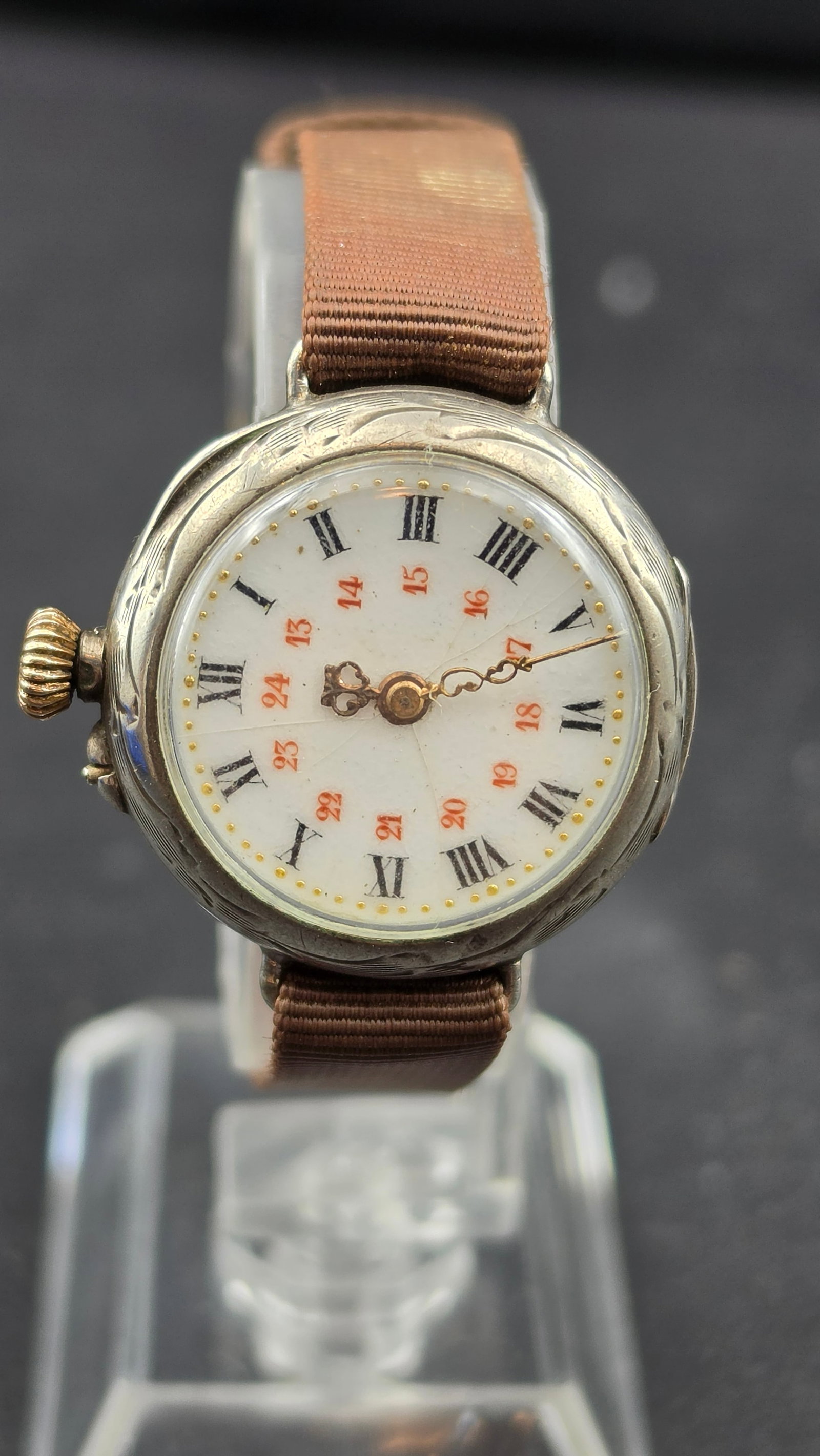 Circa 1910-1918 French Silver Hunter Trench Watch 27mm Dual 12/24hr Enamel Dial La Flèche Military: This is a rare and historically compelling French silver officer's wristwatch from the WWI era, approximately 1910 to 1918, measuring 27.78mm across the case as confirmed by calipers. The round case i